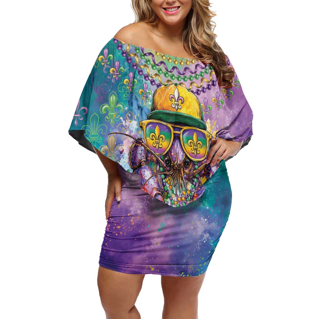 Mardi Gras Crawfish Personalized Family Matching Off Shoulder Short Dress and Hawaiian Shirt NOLA Fat Tuesday Drip Art - Wonder Print Shop