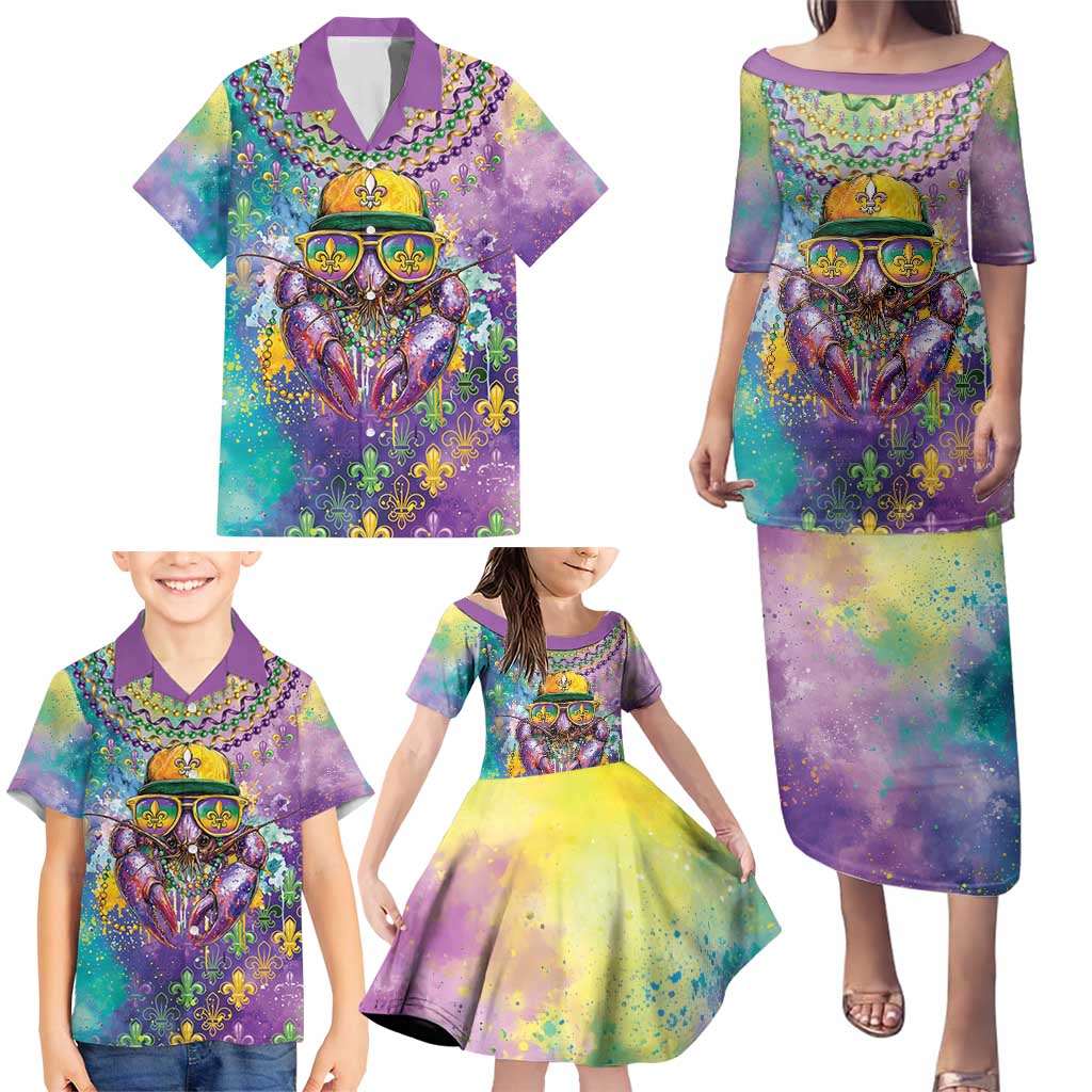 Mardi Gras Crawfish Personalized Family Matching Puletasi and Hawaiian Shirt NOLA Fat Tuesday Drip Art - Wonder Print Shop