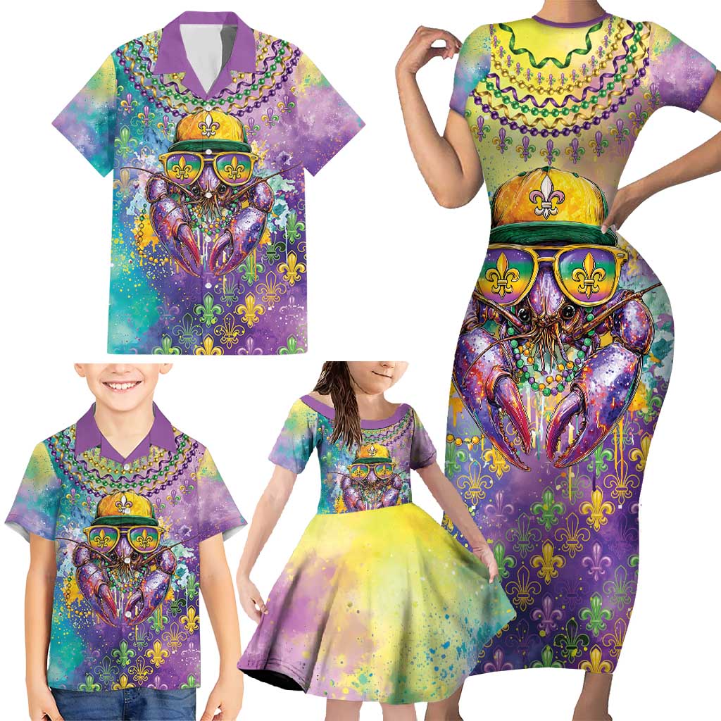 Mardi Gras Crawfish Personalized Family Matching Short Sleeve Bodycon Dress and Hawaiian Shirt NOLA Fat Tuesday Drip Art - Wonder Print Shop