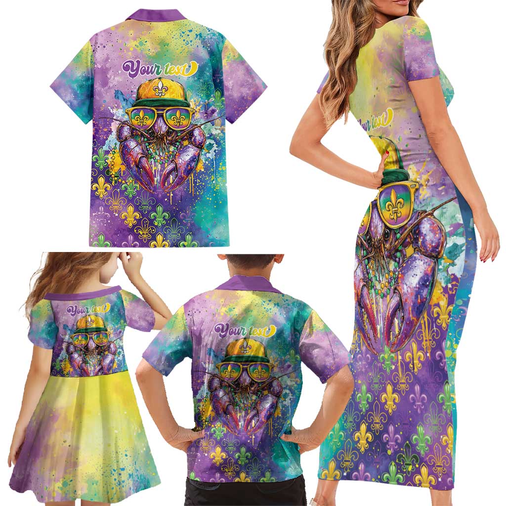 Mardi Gras Crawfish Personalized Family Matching Short Sleeve Bodycon Dress and Hawaiian Shirt NOLA Fat Tuesday Drip Art - Wonder Print Shop
