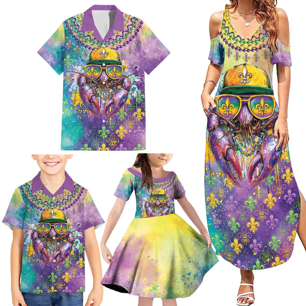 Mardi Gras Crawfish Personalized Family Matching Summer Maxi Dress and Hawaiian Shirt NOLA Fat Tuesday Drip Art - Wonder Print Shop