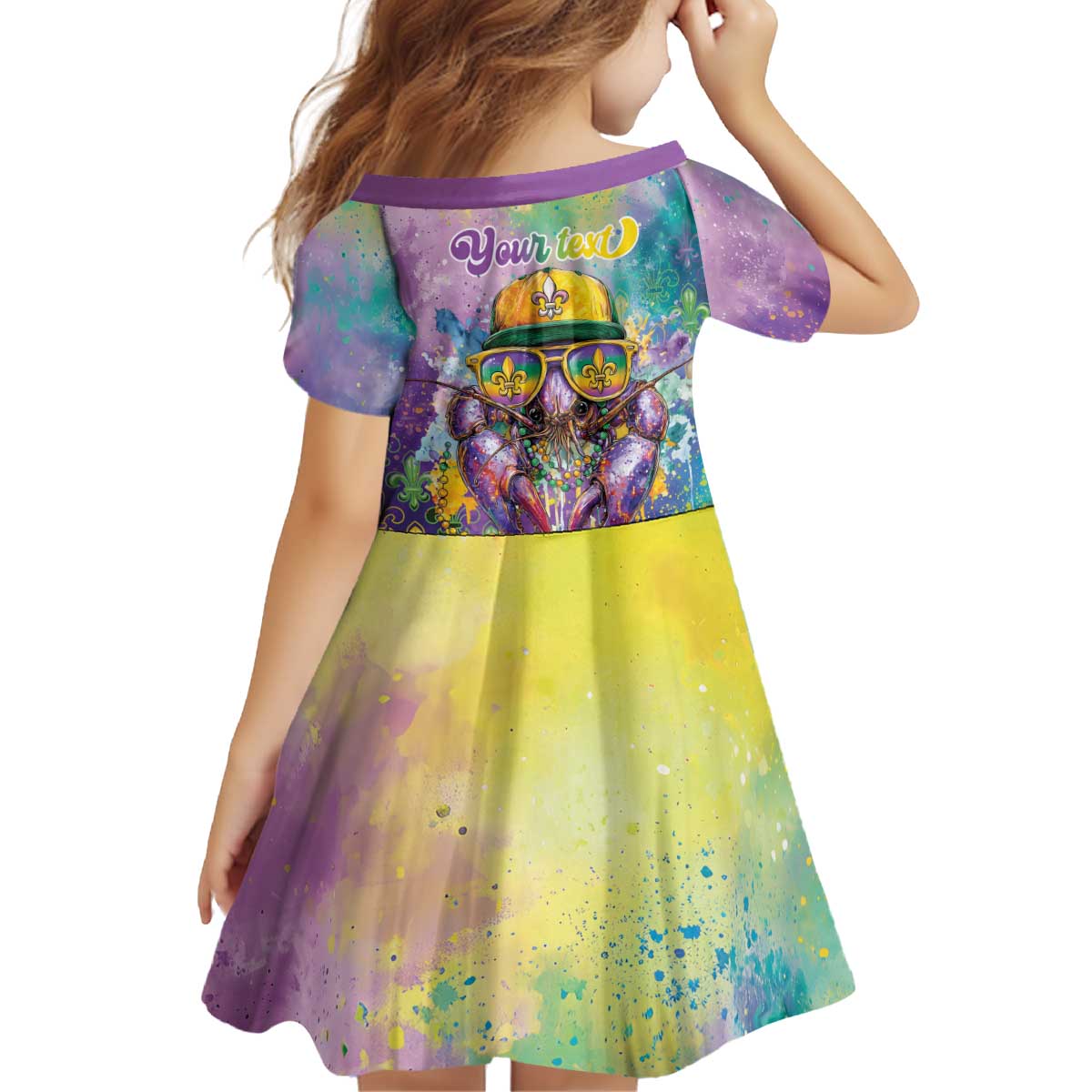 Mardi Gras Crawfish Personalized Kid Short Sleeve Dress NOLA Fat Tuesday Drip Art - Wonder Print Shop