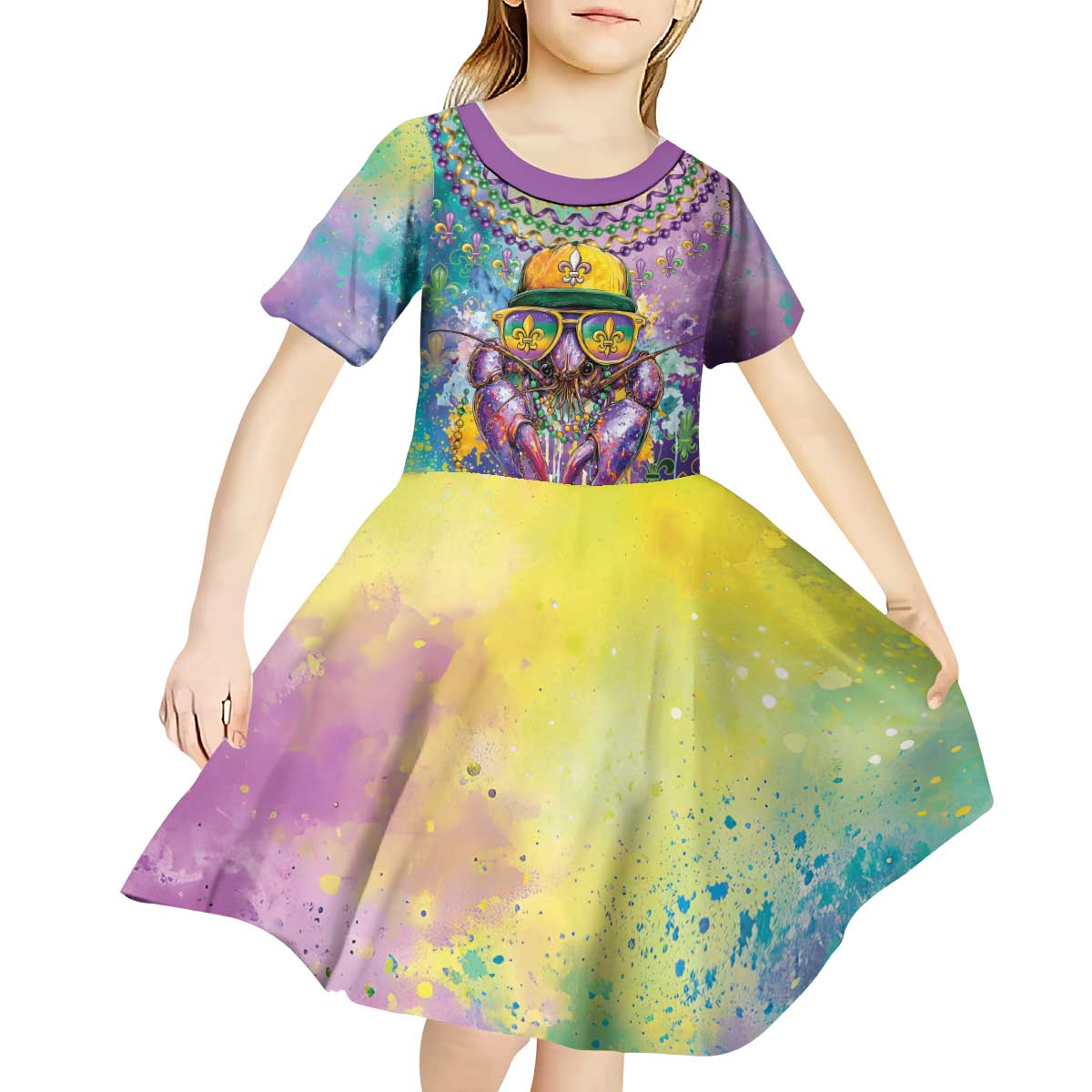 Mardi Gras Crawfish Personalized Kid Short Sleeve Dress NOLA Fat Tuesday Drip Art - Wonder Print Shop