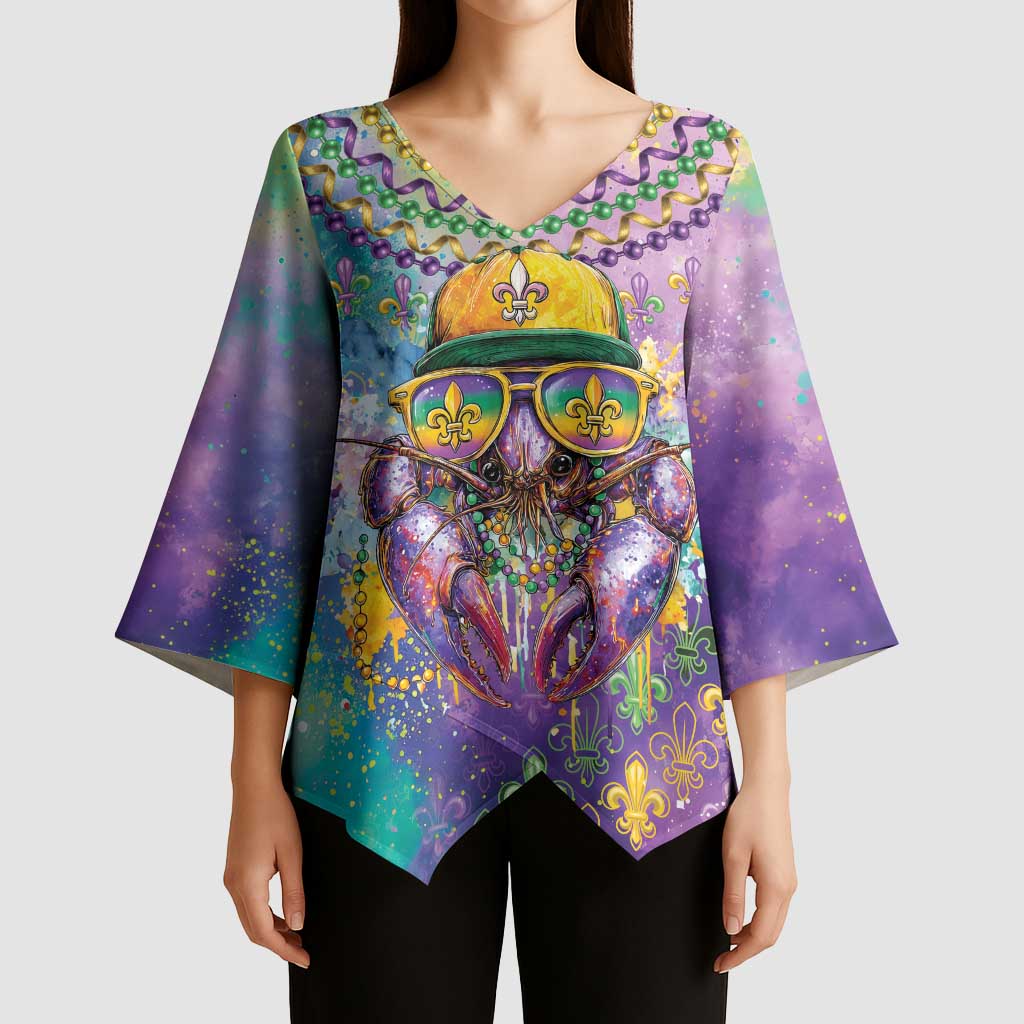 Mardi Gras Crawfish Personalized Kimono Sleeve Blouse NOLA Fat Tuesday Drip Art - Wonder Print Shop