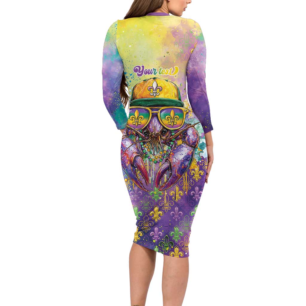 Mardi Gras Crawfish Personalized Long Sleeve Bodycon Dress NOLA Fat Tuesday Drip Art - Wonder Print Shop