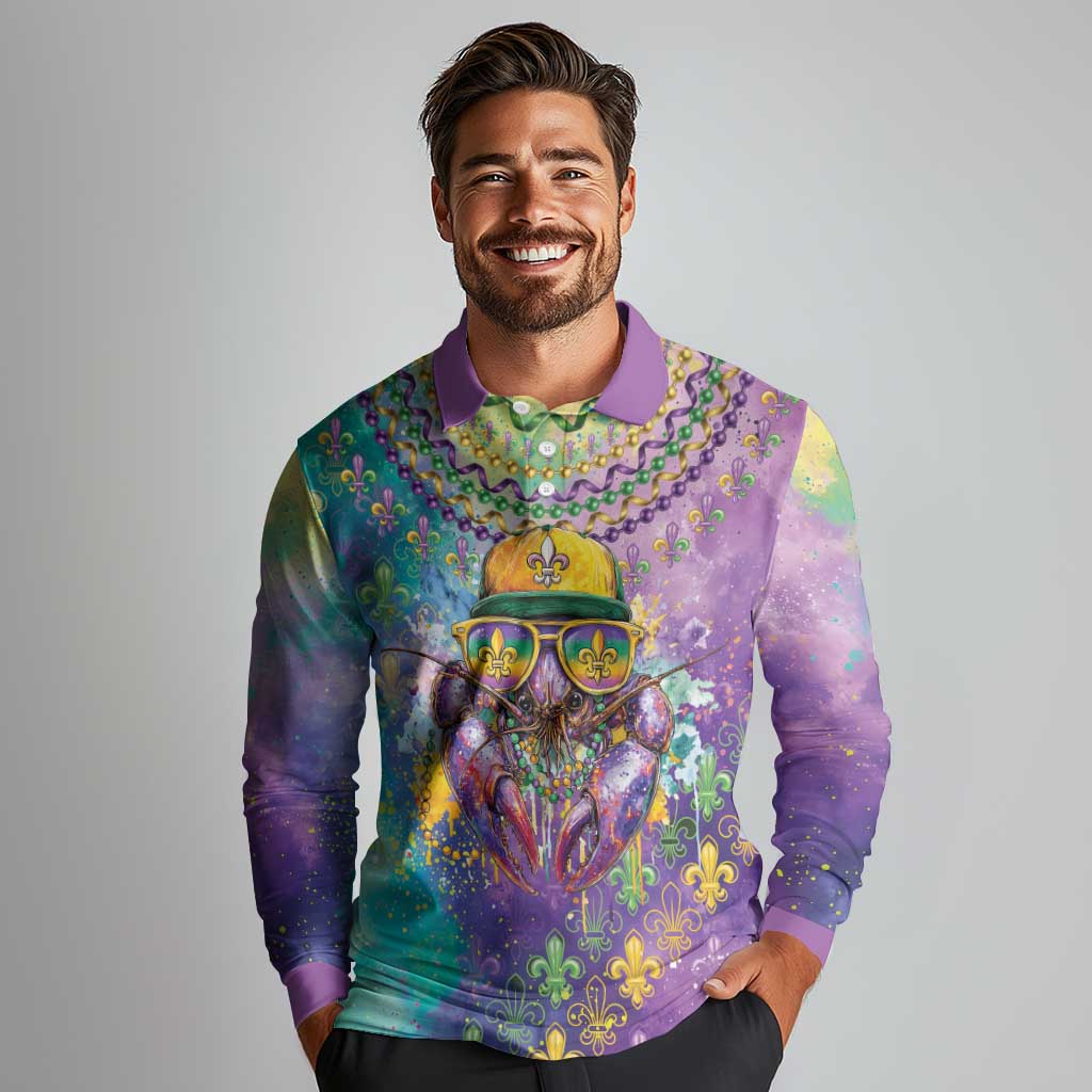 Mardi Gras Crawfish Personalized Long Sleeve Polo Shirt NOLA Fat Tuesday Drip Art - Wonder Print Shop