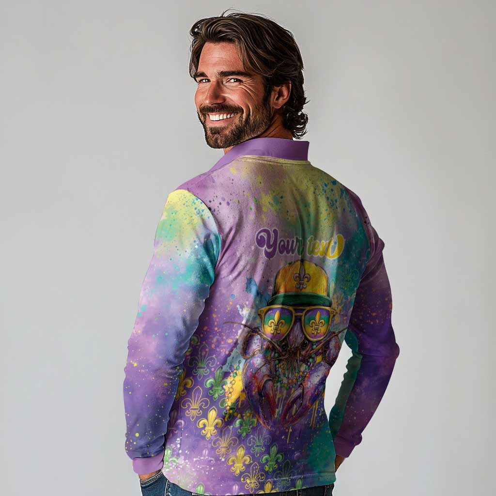 Mardi Gras Crawfish Personalized Long Sleeve Polo Shirt NOLA Fat Tuesday Drip Art - Wonder Print Shop