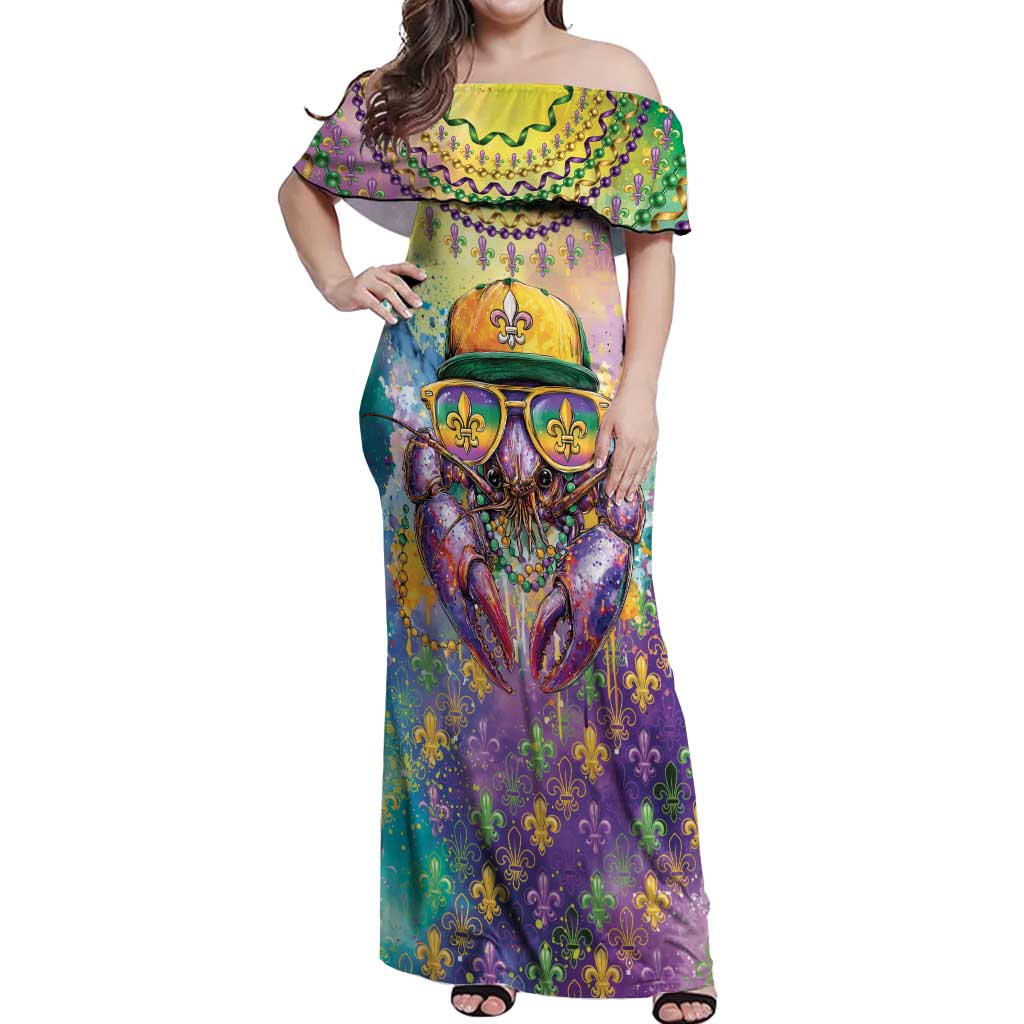 Mardi Gras Crawfish Personalized Off Shoulder Maxi Dress NOLA Fat Tuesday Drip Art - Wonder Print Shop