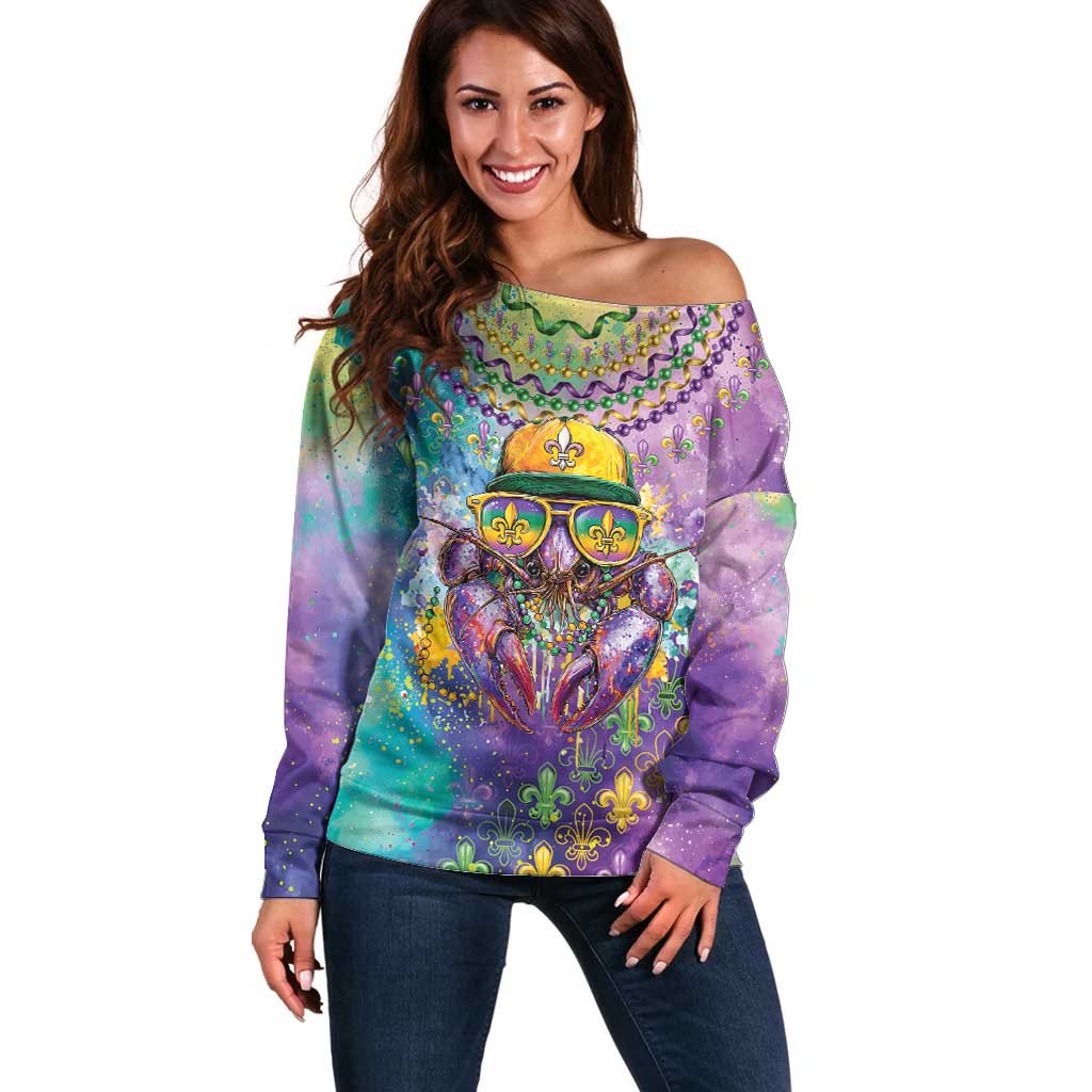 Mardi Gras Crawfish Personalized Off Shoulder Sweater NOLA Fat Tuesday Drip Art - Wonder Print Shop