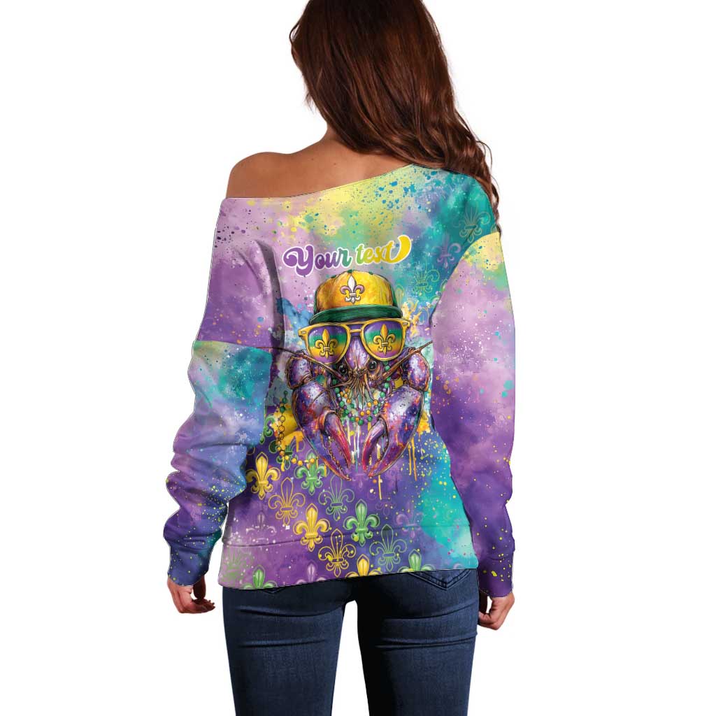 Mardi Gras Crawfish Personalized Off Shoulder Sweater NOLA Fat Tuesday Drip Art - Wonder Print Shop