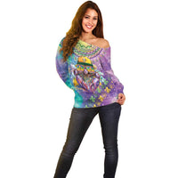 Mardi Gras Crawfish Personalized Off Shoulder Sweater NOLA Fat Tuesday Drip Art - Wonder Print Shop