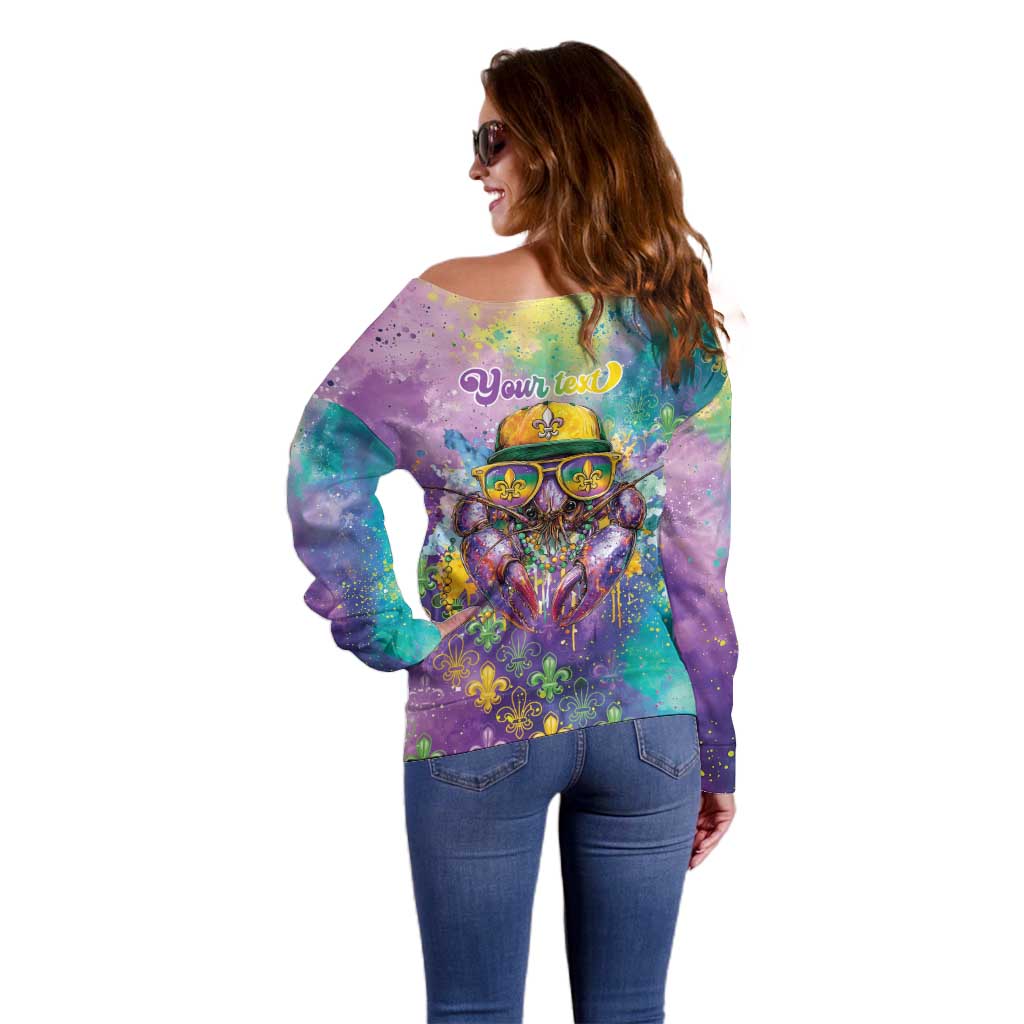 Mardi Gras Crawfish Personalized Off Shoulder Sweater NOLA Fat Tuesday Drip Art - Wonder Print Shop