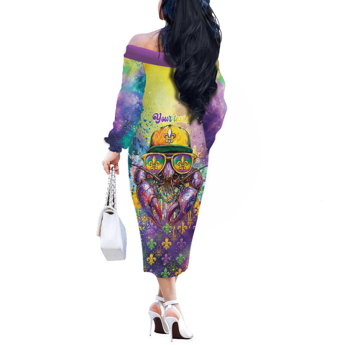 Mardi Gras Crawfish Personalized Off The Shoulder Long Sleeve Dress NOLA Fat Tuesday Drip Art - Wonder Print Shop