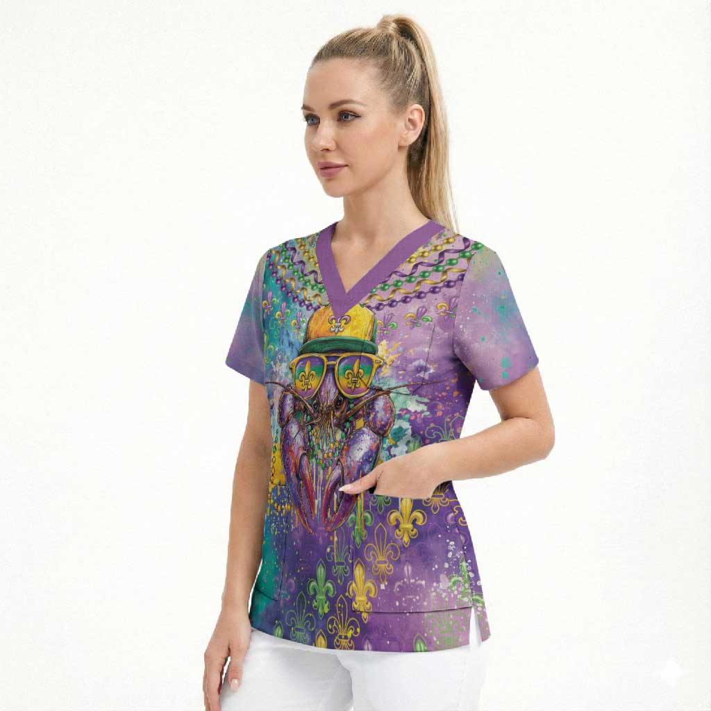 Mardi Gras Crawfish Personalized Scrub Top NOLA Fat Tuesday Drip Art - Wonder Print Shop