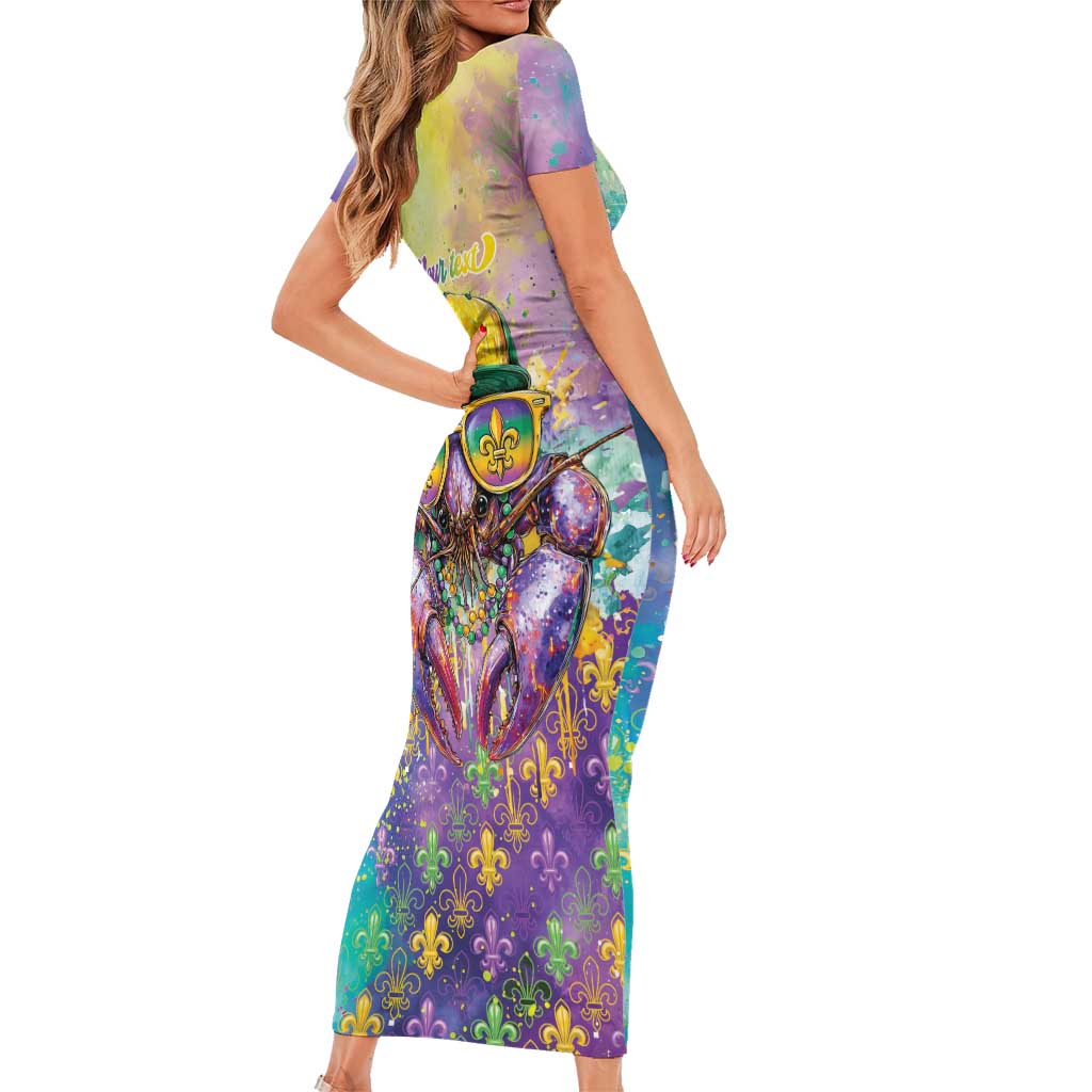 Mardi Gras Crawfish Personalized Short Sleeve Bodycon Dress NOLA Fat Tuesday Drip Art - Wonder Print Shop