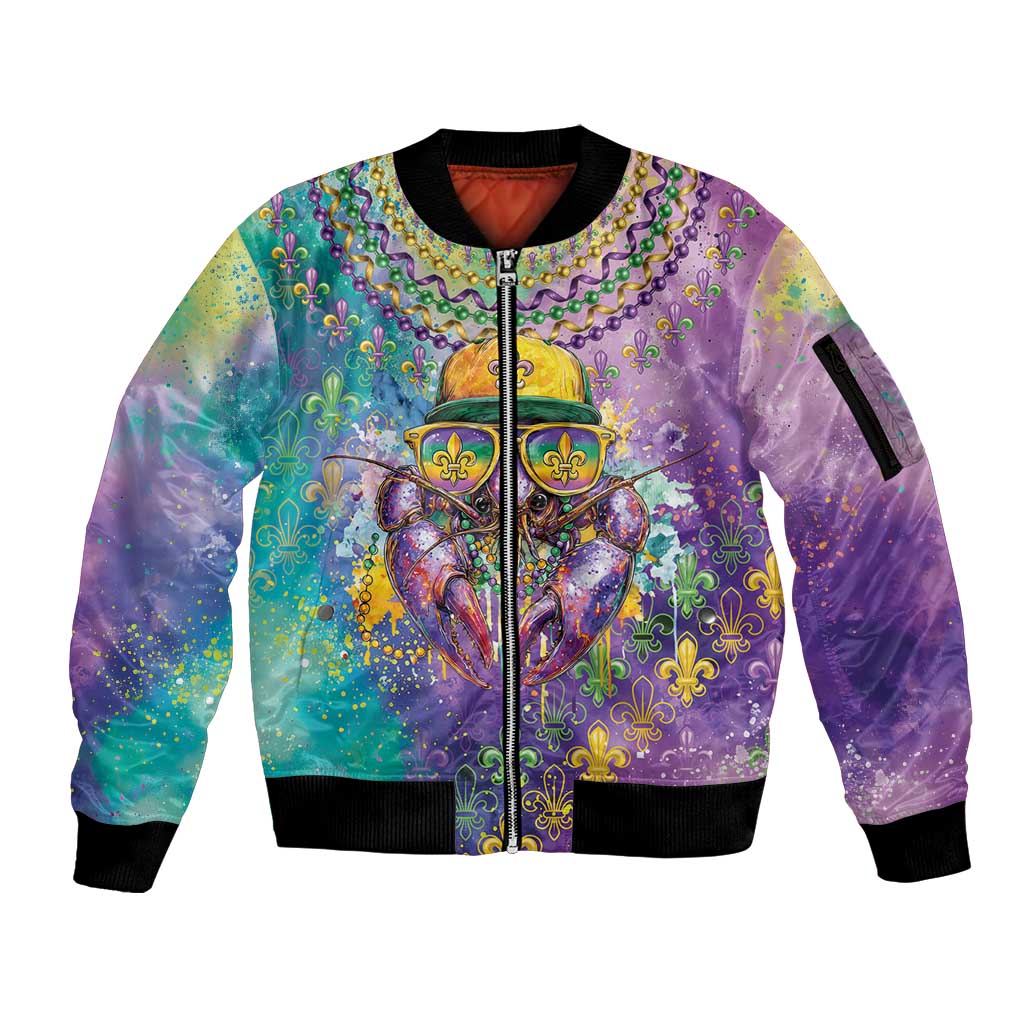 Mardi Gras Crawfish Personalized Sleeve Zip Bomber Jacket NOLA Fat Tuesday Drip Art - Wonder Print Shop