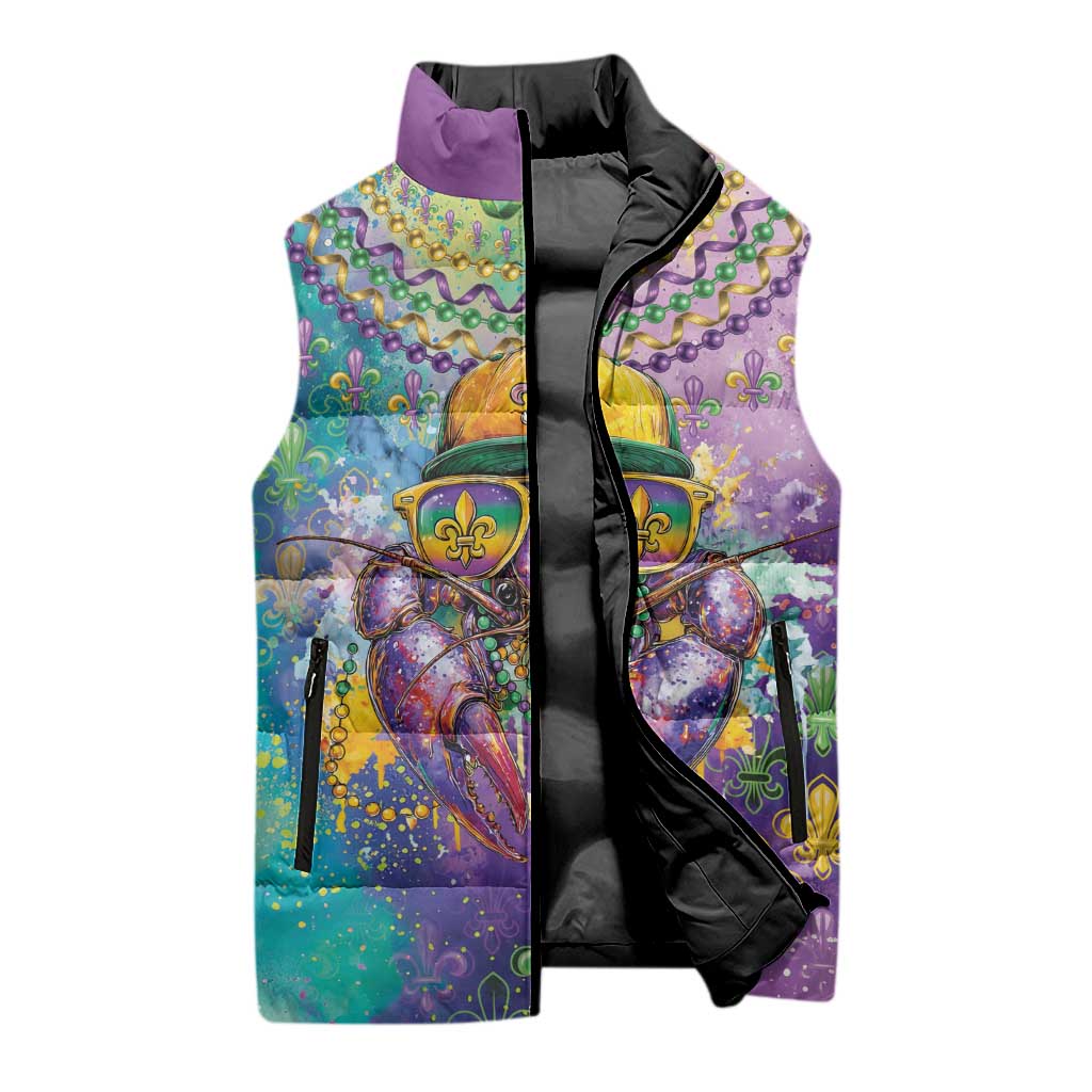 Mardi Gras Crawfish Personalized Sleeveless Puffer Jacket NOLA Fat Tuesday Drip Art - Wonder Print Shop