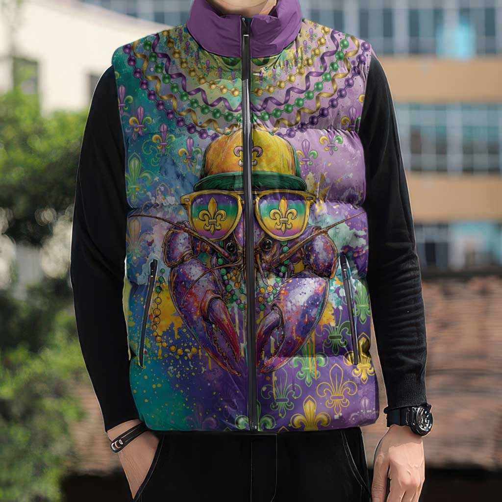 Mardi Gras Crawfish Personalized Sleeveless Puffer Jacket NOLA Fat Tuesday Drip Art - Wonder Print Shop