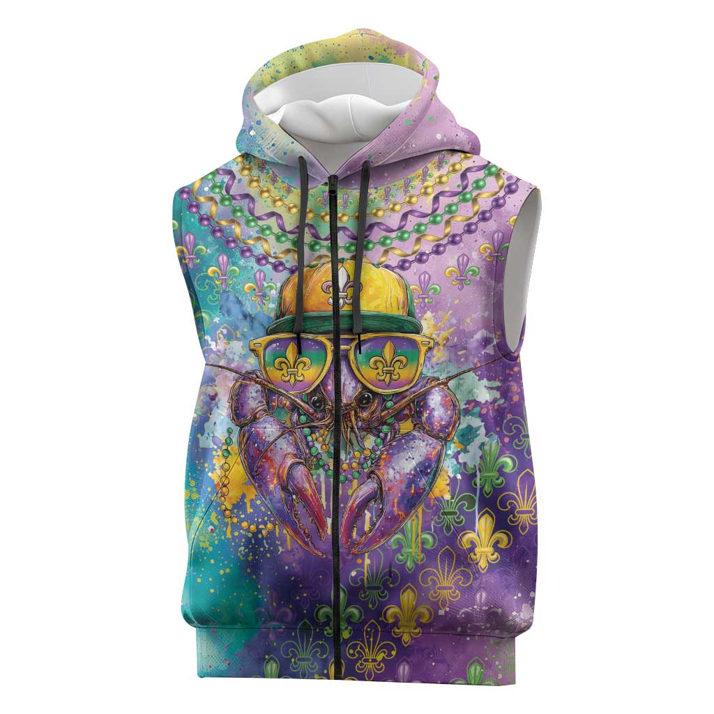 Mardi Gras Crawfish Personalized Sleeveless Zip Hoodie NOLA Fat Tuesday Drip Art - Wonder Print Shop