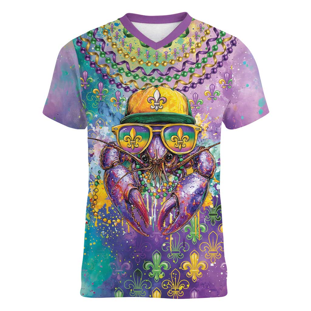 Mardi Gras Crawfish Personalized Women V-Neck T-Shirt NOLA Fat Tuesday Drip Art - Wonder Print Shop