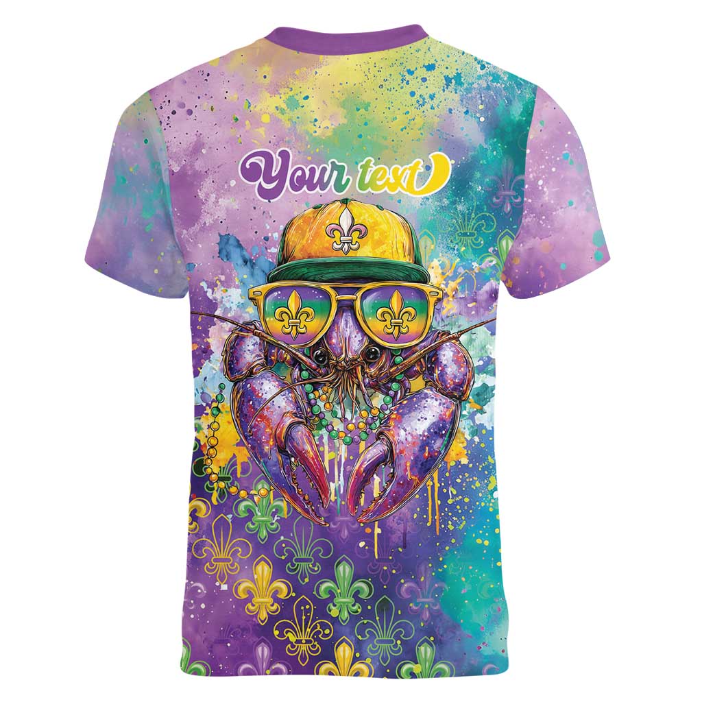 Mardi Gras Crawfish Personalized Women V-Neck T-Shirt NOLA Fat Tuesday Drip Art - Wonder Print Shop