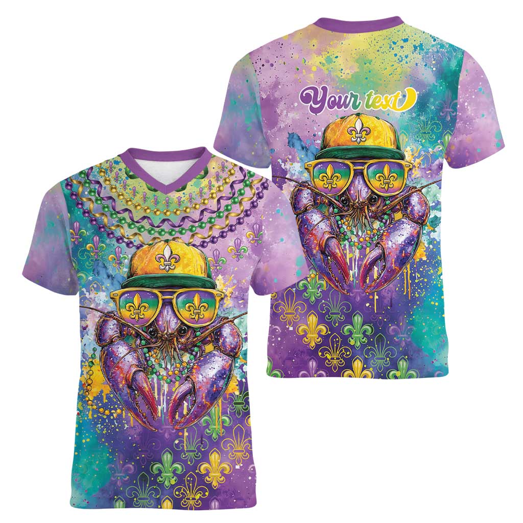 Mardi Gras Crawfish Personalized Women V-Neck T-Shirt NOLA Fat Tuesday Drip Art - Wonder Print Shop