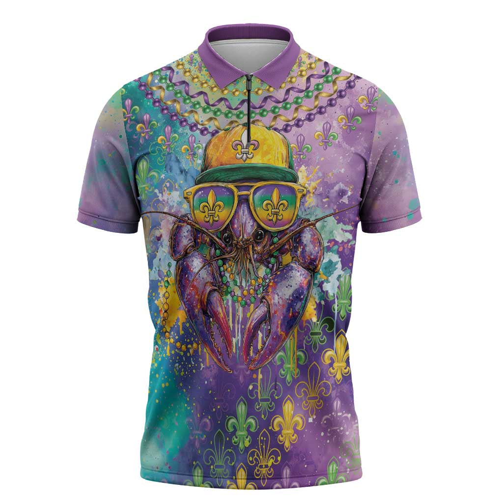 Mardi Gras Crawfish Personalized Zipper Polo Shirt NOLA Fat Tuesday Drip Art - Wonder Print Shop