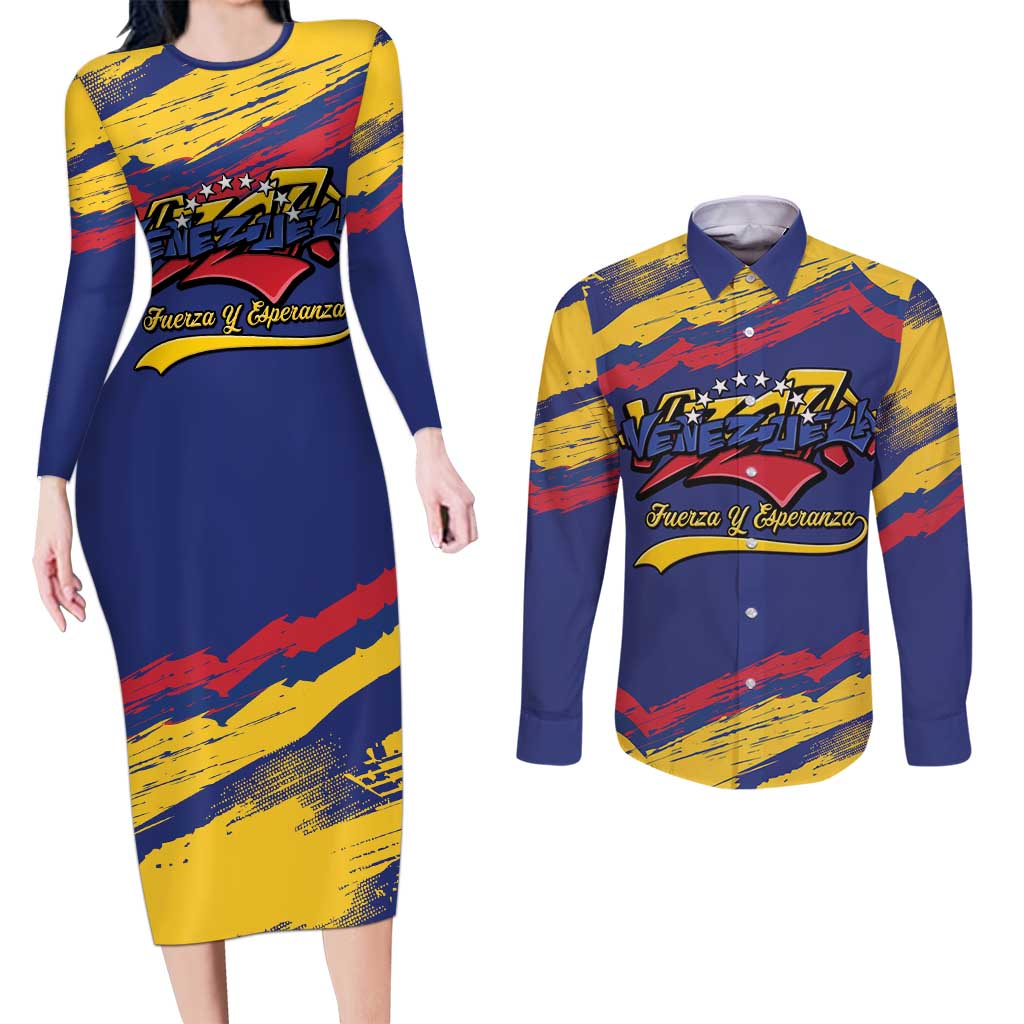 Venezuela Fuerza Y Esperanza Couples Matching Long Sleeve Bodycon Dress and Long Sleeve Button Shirt - Wonder Print Shop
