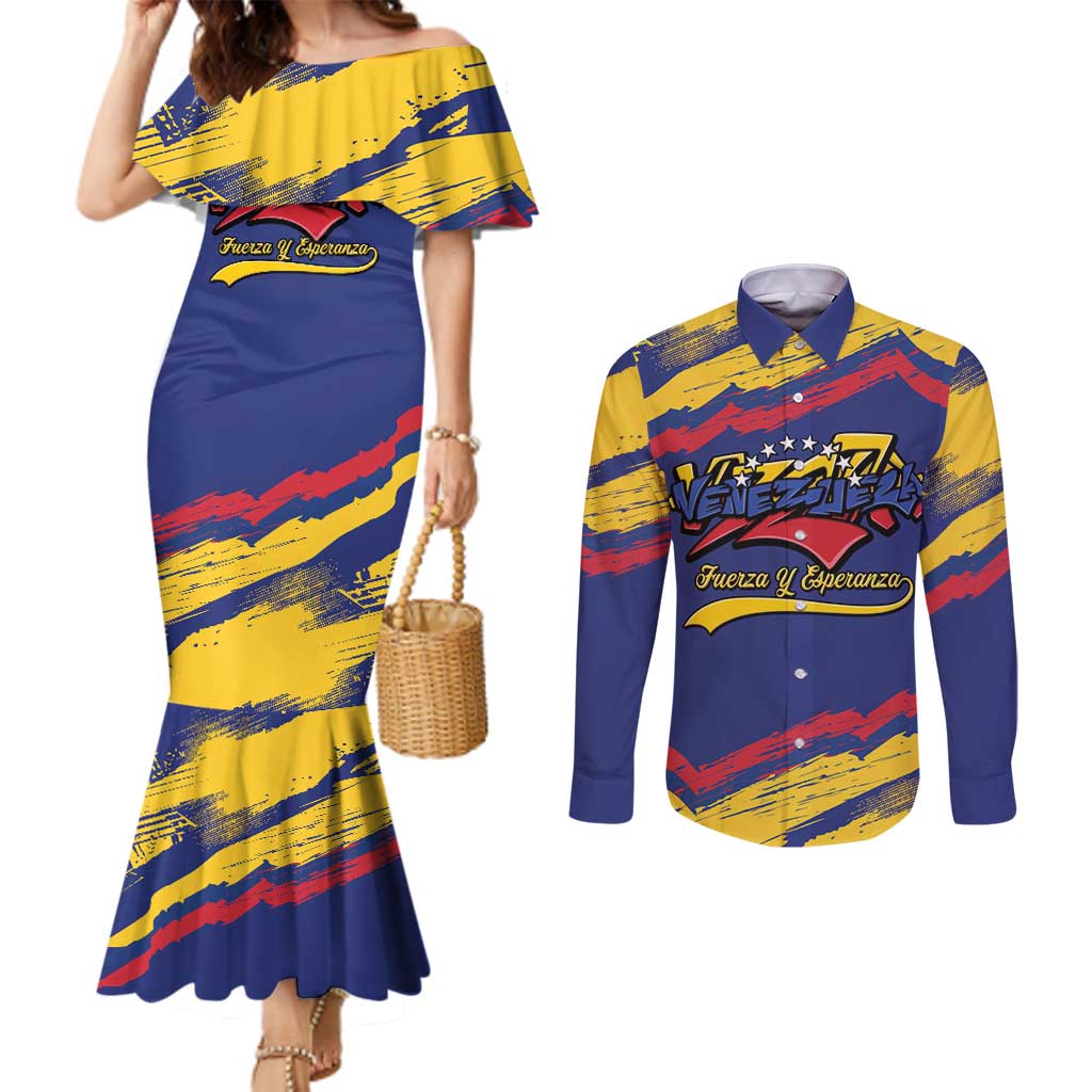 Venezuela Fuerza Y Esperanza Couples Matching Mermaid Dress and Long Sleeve Button Shirt - Wonder Print Shop