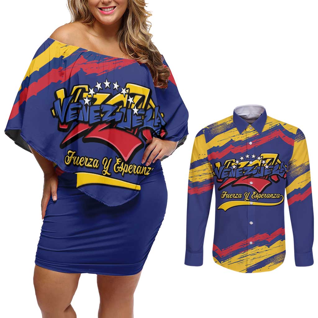 Venezuela Fuerza Y Esperanza Couples Matching Off Shoulder Short Dress and Long Sleeve Button Shirt - Wonder Print Shop