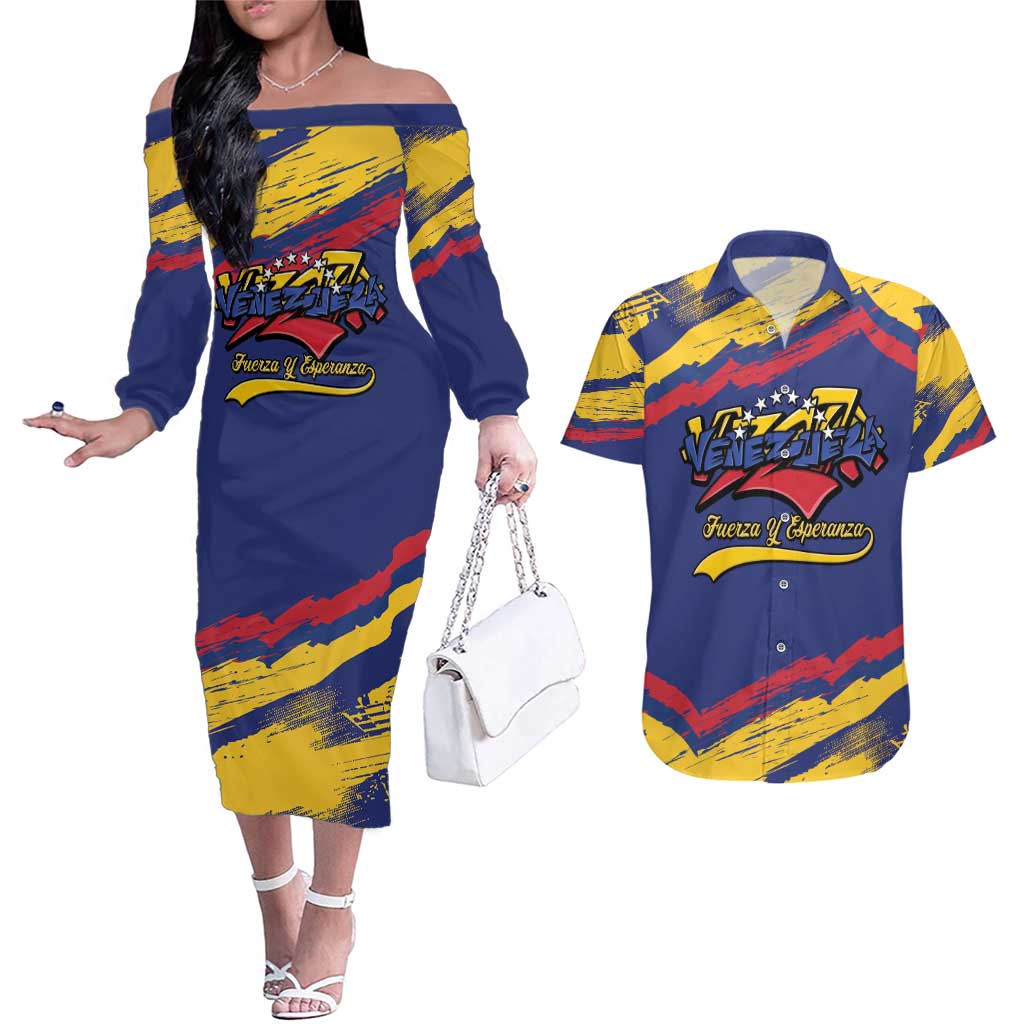 Venezuela Fuerza Y Esperanza Couples Matching Off The Shoulder Long Sleeve Dress and Hawaiian Shirt - Wonder Print Shop
