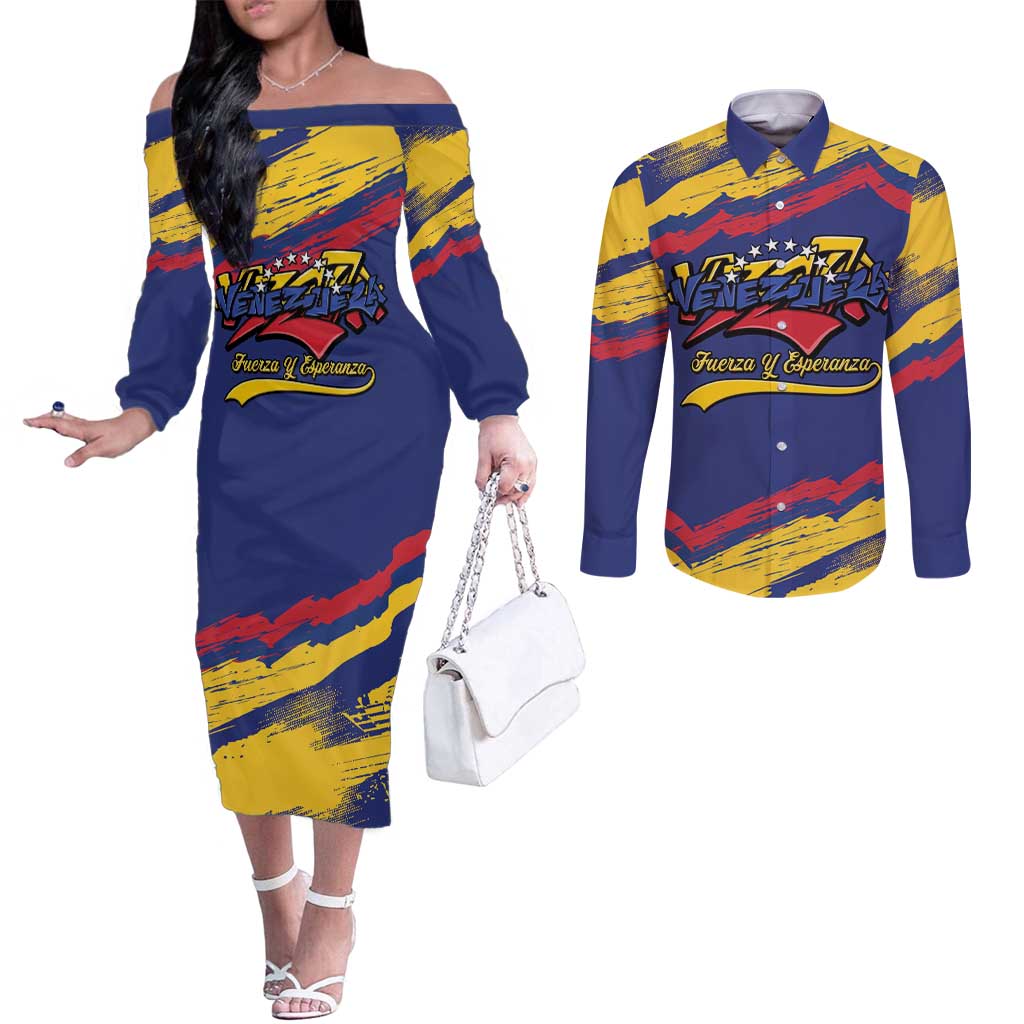 Venezuela Fuerza Y Esperanza Couples Matching Off The Shoulder Long Sleeve Dress and Long Sleeve Button Shirt - Wonder Print Shop