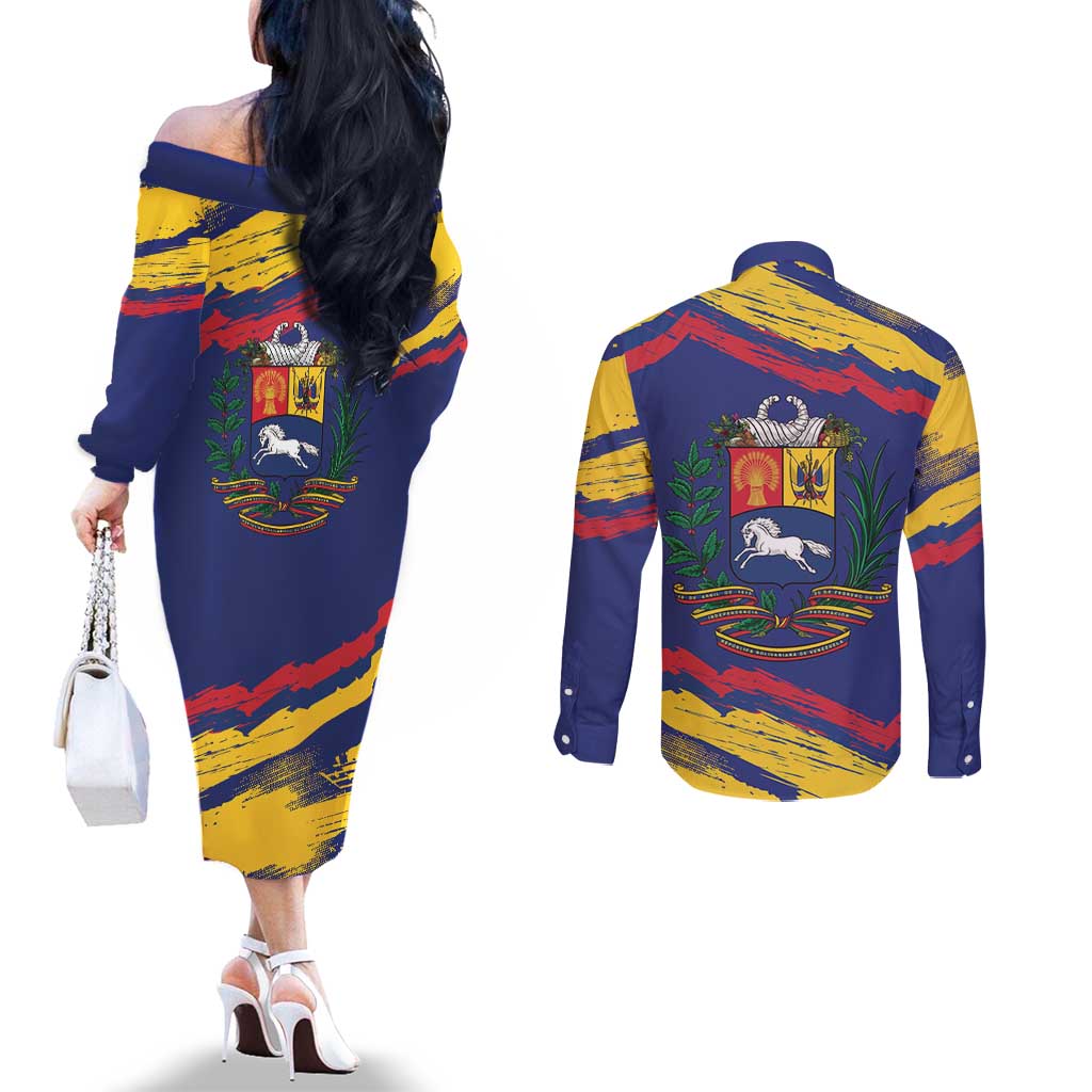 Venezuela Fuerza Y Esperanza Couples Matching Off The Shoulder Long Sleeve Dress and Long Sleeve Button Shirt - Wonder Print Shop