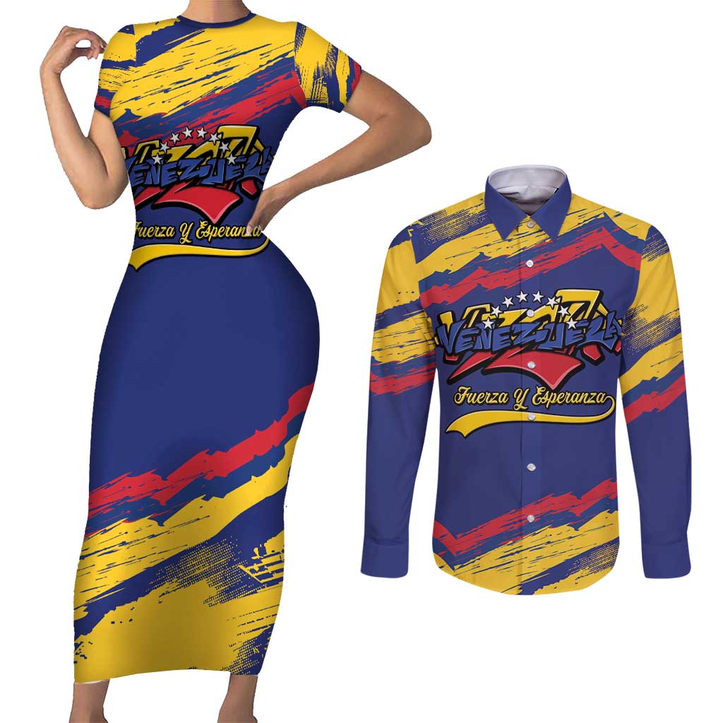 Venezuela Fuerza Y Esperanza Couples Matching Short Sleeve Bodycon Dress and Long Sleeve Button Shirt - Wonder Print Shop