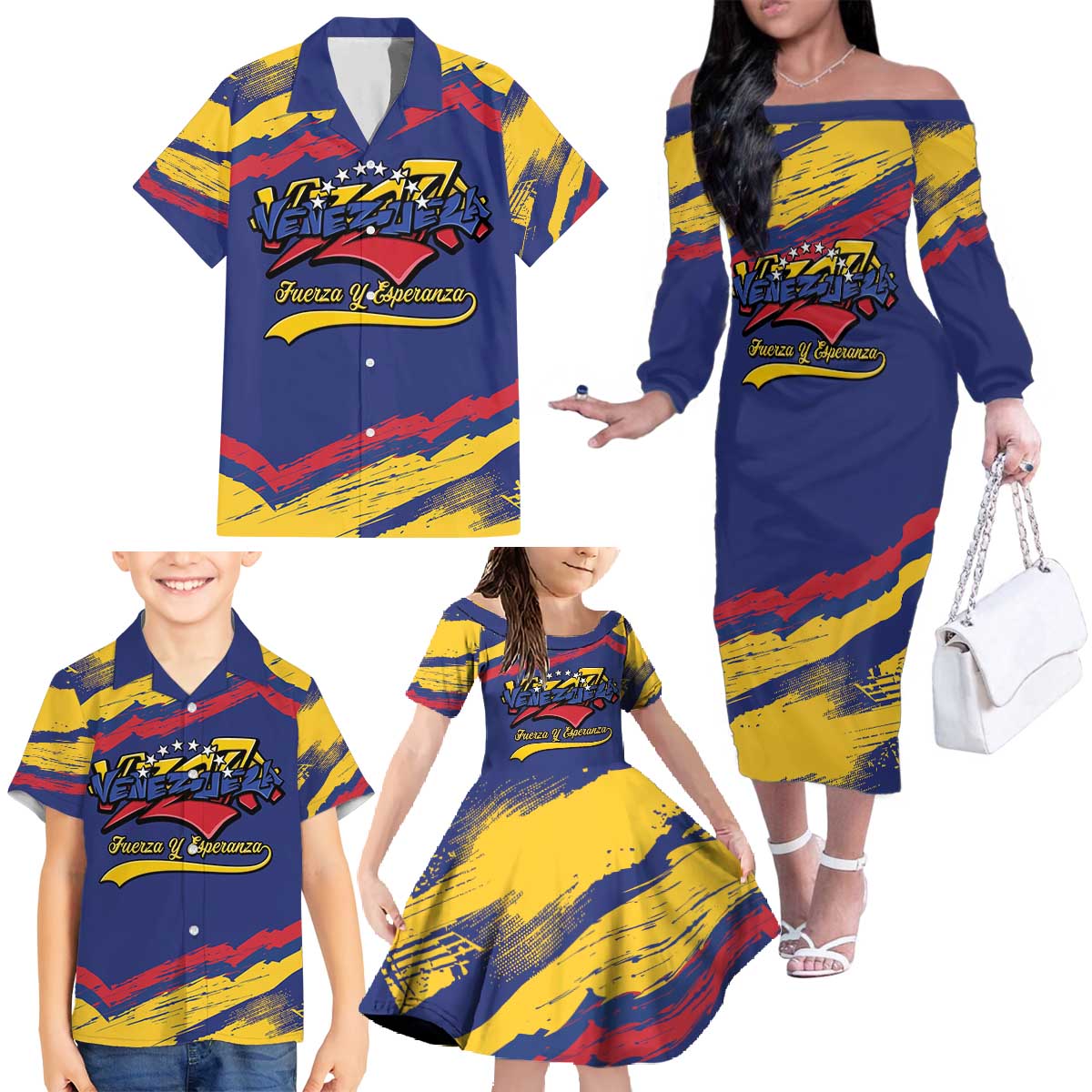Venezuela Fuerza Y Esperanza Family Matching Off The Shoulder Long Sleeve Dress and Hawaiian Shirt - Wonder Print Shop