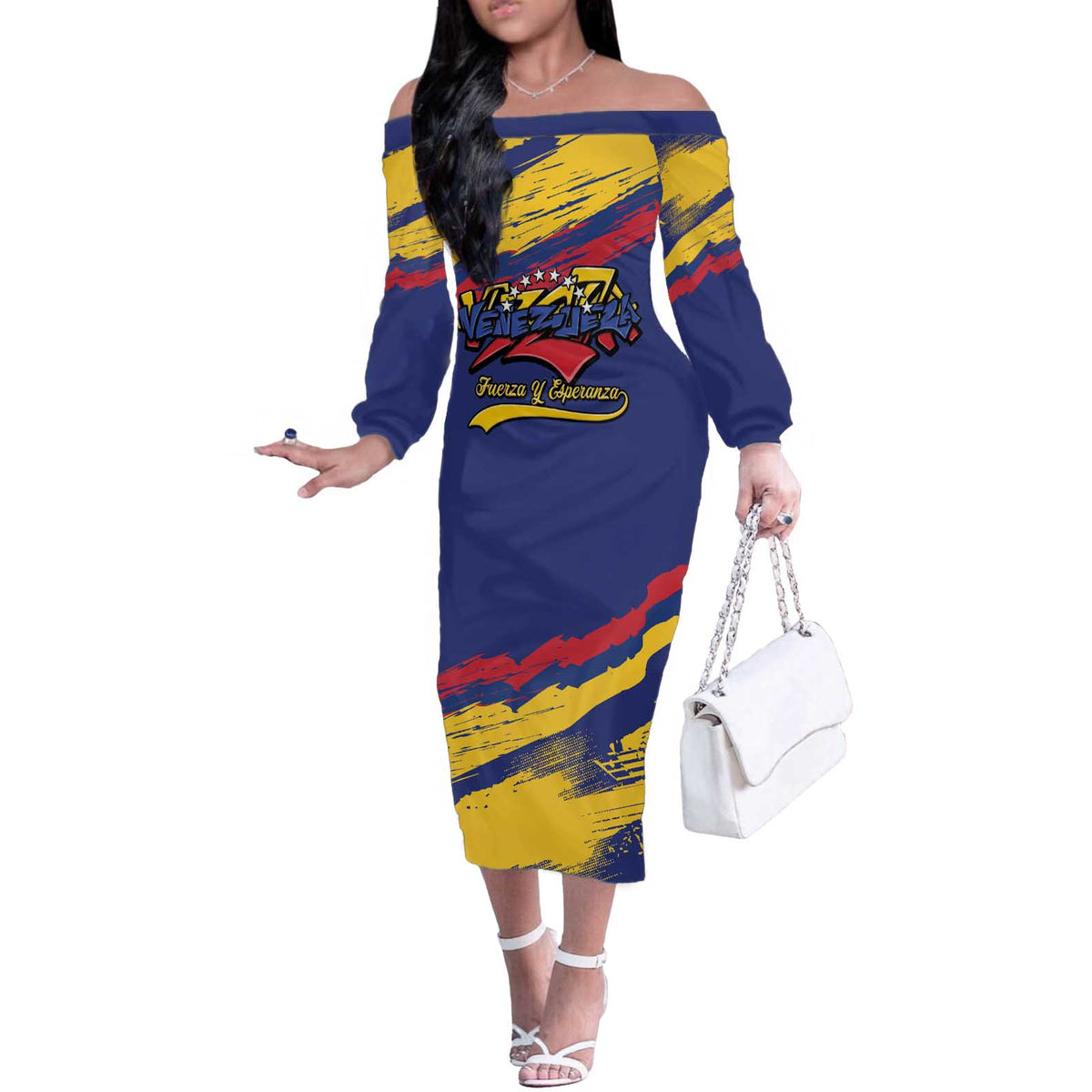 Venezuela Fuerza Y Esperanza Off The Shoulder Long Sleeve Dress - Wonder Print Shop
