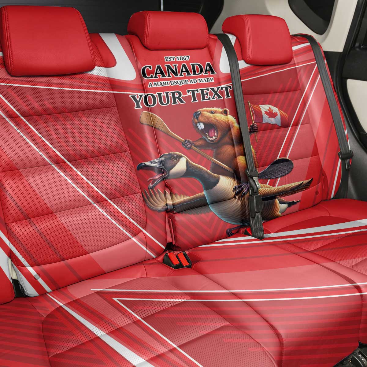 Personalized Beaver and Goose Happy Canada Day Back Car Seat Cover Est 1867 A Mari Usque Ad Mare