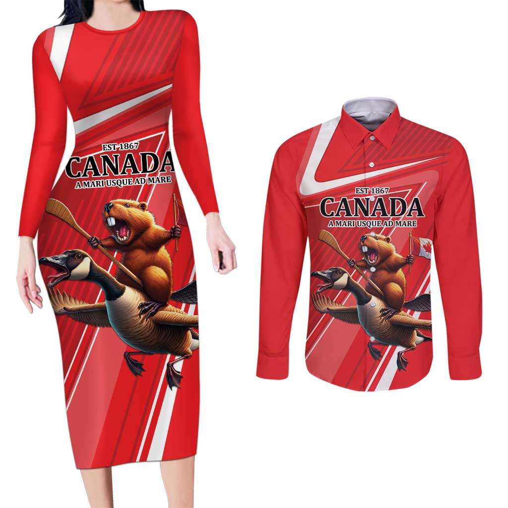 Personalized Beaver and Goose Happy Canada Day Couples Matching Long Sleeve Bodycon Dress and Long Sleeve Button Shirt Est 1867 A Mari Usque Ad Mare