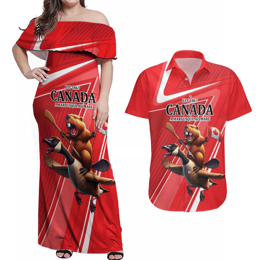 Personalized Beaver and Goose Happy Canada Day Couples Matching Off Shoulder Maxi Dress and Hawaiian Shirt Est 1867 A Mari Usque Ad Mare