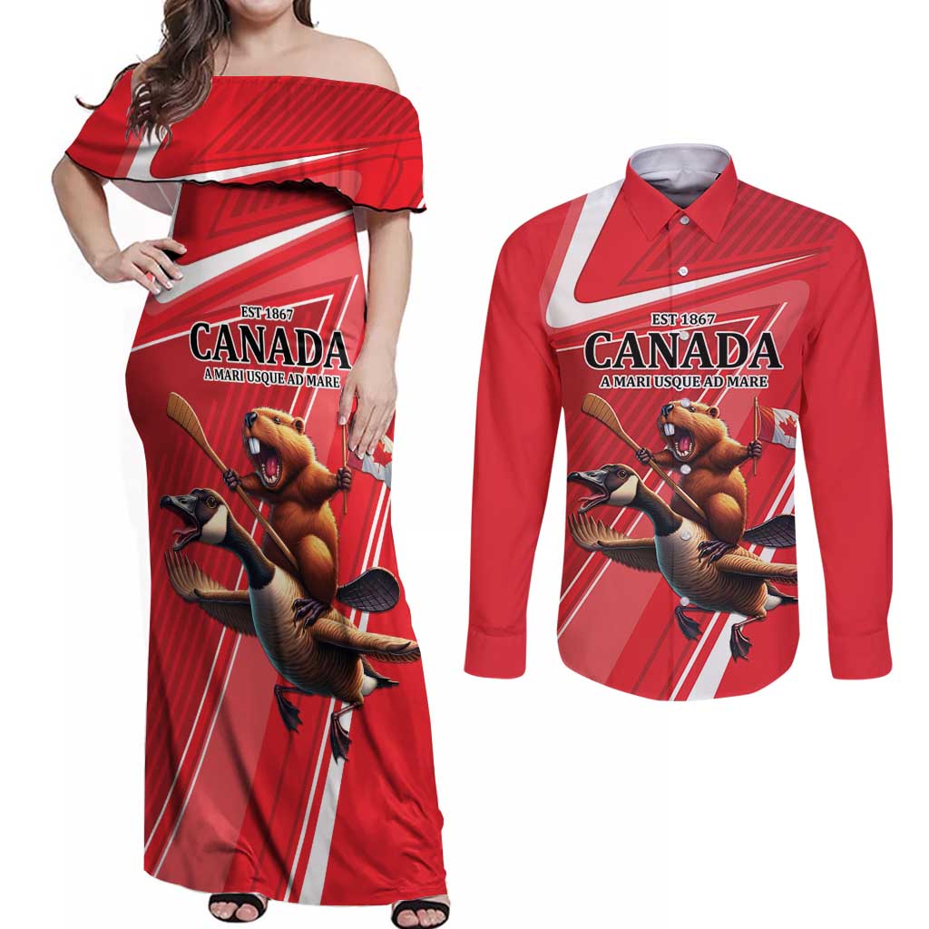 Personalized Beaver and Goose Happy Canada Day Couples Matching Off Shoulder Maxi Dress and Long Sleeve Button Shirt Est 1867 A Mari Usque Ad Mare