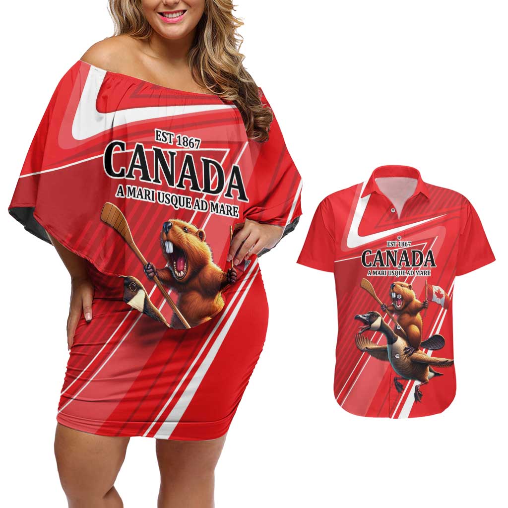 Personalized Beaver and Goose Happy Canada Day Couples Matching Off Shoulder Short Dress and Hawaiian Shirt Est 1867 A Mari Usque Ad Mare
