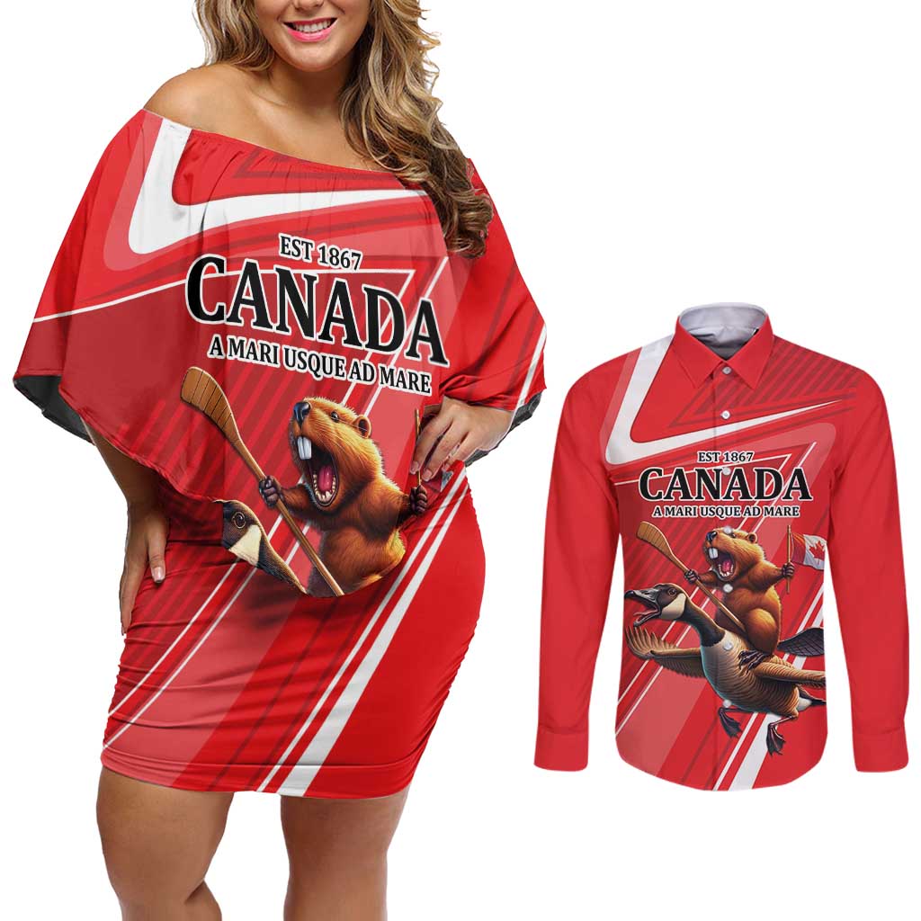 Personalized Beaver and Goose Happy Canada Day Couples Matching Off Shoulder Short Dress and Long Sleeve Button Shirt Est 1867 A Mari Usque Ad Mare