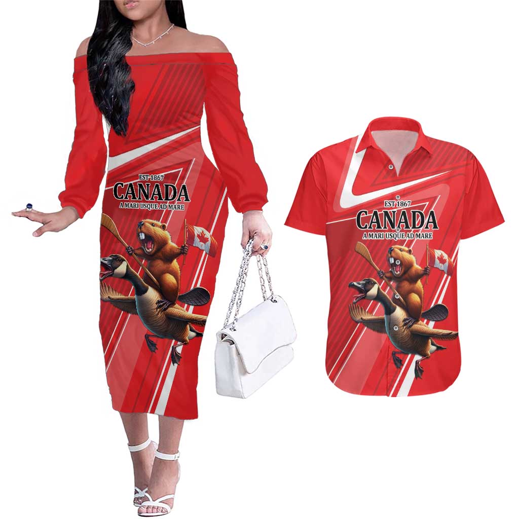 Personalized Beaver and Goose Happy Canada Day Couples Matching Off The Shoulder Long Sleeve Dress and Hawaiian Shirt Est 1867 A Mari Usque Ad Mare