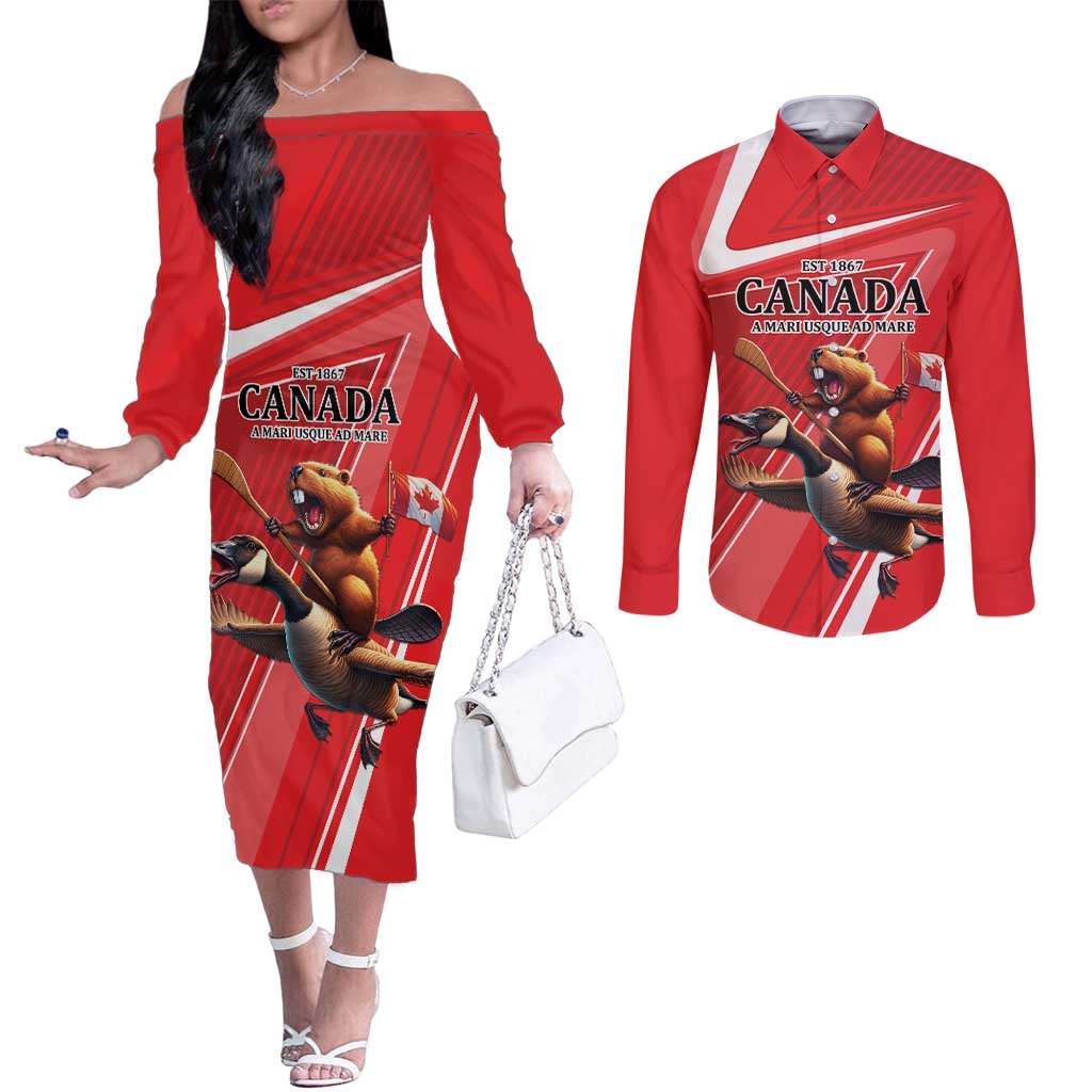 Personalized Beaver and Goose Happy Canada Day Couples Matching Off The Shoulder Long Sleeve Dress and Long Sleeve Button Shirt Est 1867 A Mari Usque Ad Mare