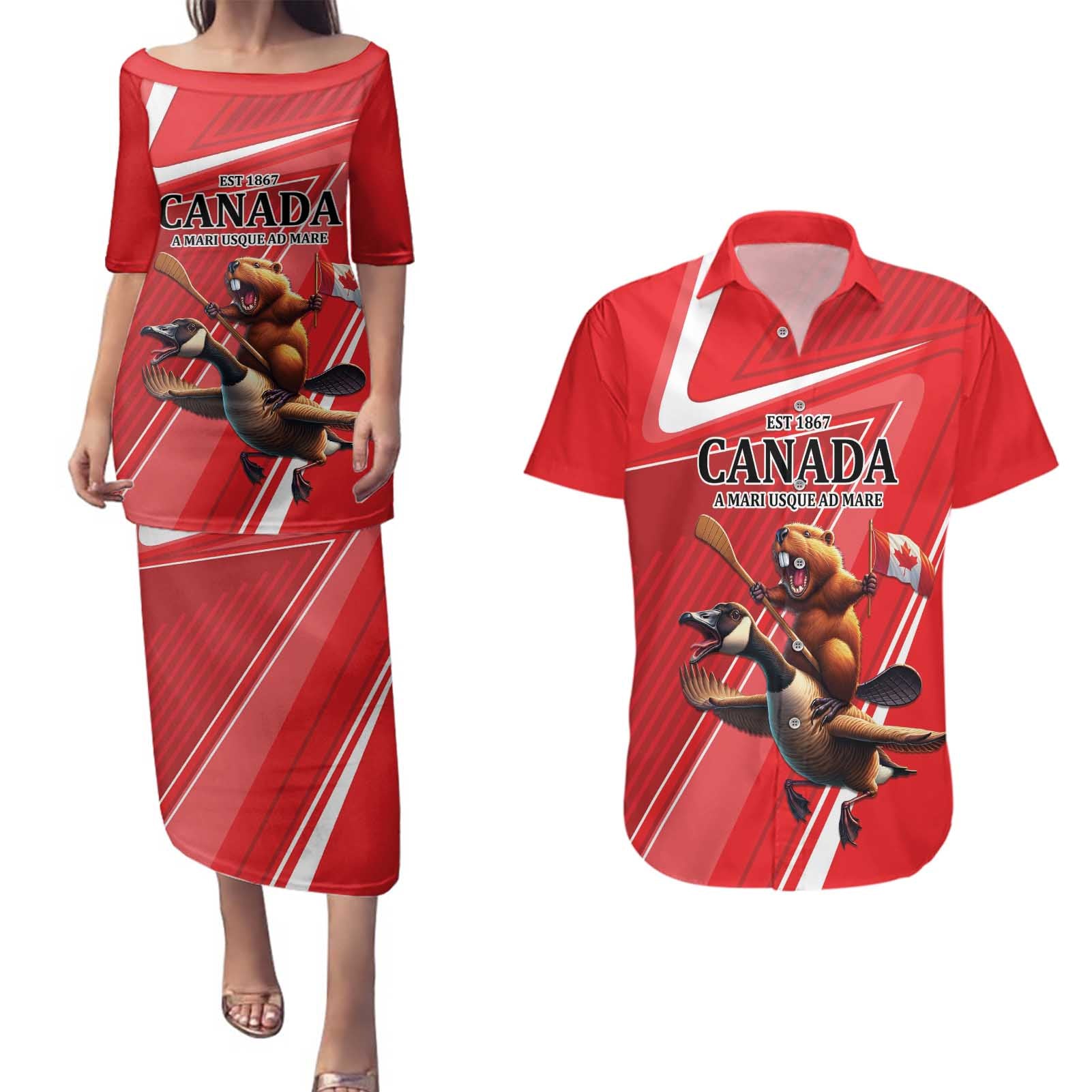 Personalized Beaver and Goose Happy Canada Day Couples Matching Puletasi and Hawaiian Shirt Est 1867 A Mari Usque Ad Mare