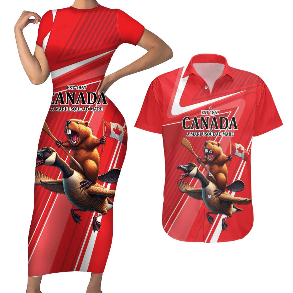 Personalized Beaver and Goose Happy Canada Day Couples Matching Short Sleeve Bodycon Dress and Hawaiian Shirt Est 1867 A Mari Usque Ad Mare