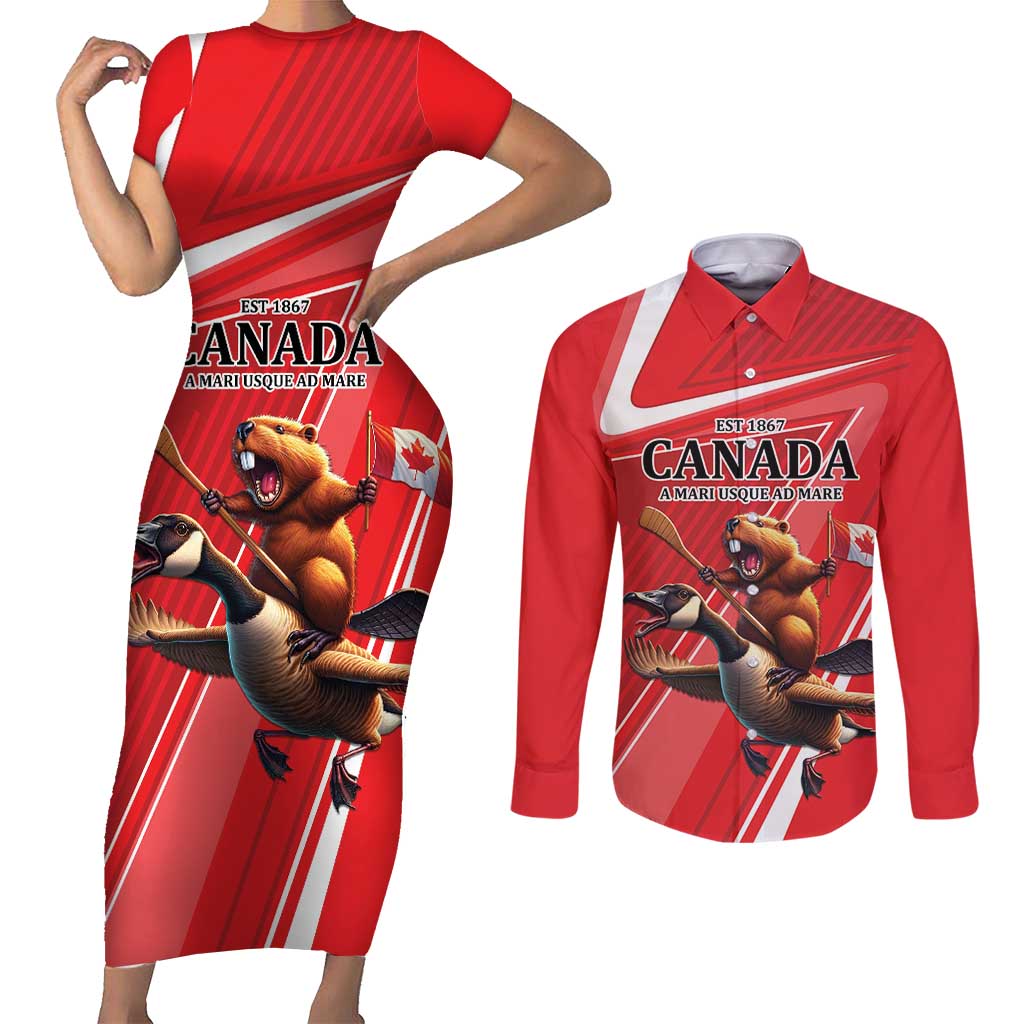 Personalized Beaver and Goose Happy Canada Day Couples Matching Short Sleeve Bodycon Dress and Long Sleeve Button Shirt Est 1867 A Mari Usque Ad Mare