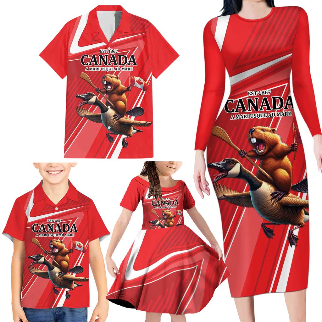 Personalized Beaver and Goose Happy Canada Day Family Matching Long Sleeve Bodycon Dress and Hawaiian Shirt Est 1867 A Mari Usque Ad Mare