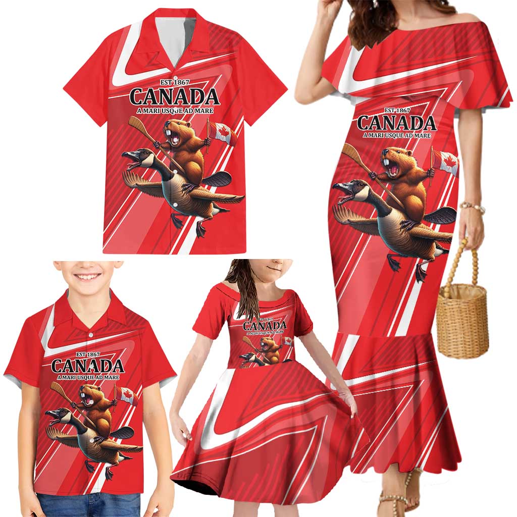Personalized Beaver and Goose Happy Canada Day Family Matching Mermaid Dress and Hawaiian Shirt Est 1867 A Mari Usque Ad Mare