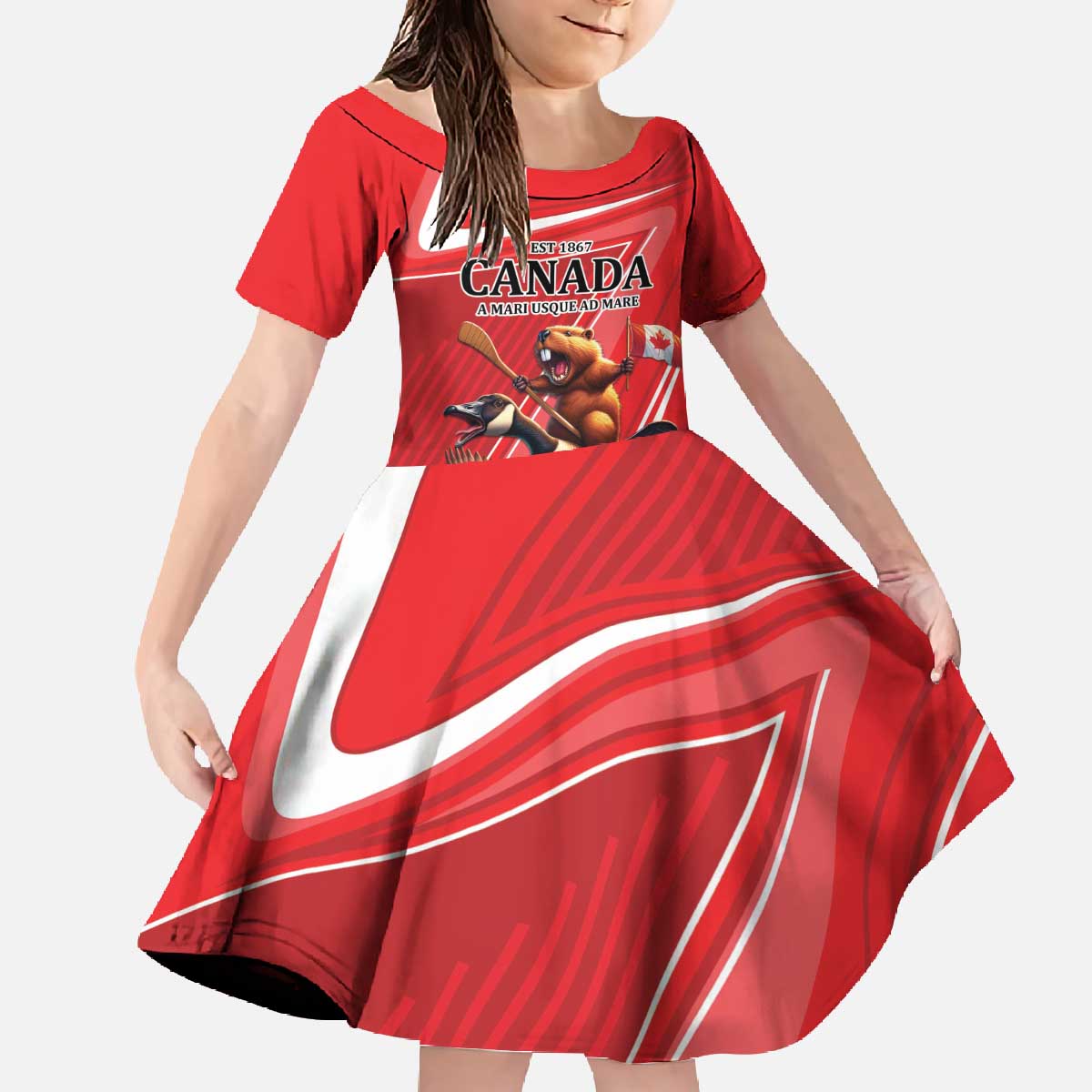 Personalized Beaver and Goose Happy Canada Day Family Matching Off The Shoulder Long Sleeve Dress and Hawaiian Shirt Est 1867 A Mari Usque Ad Mare